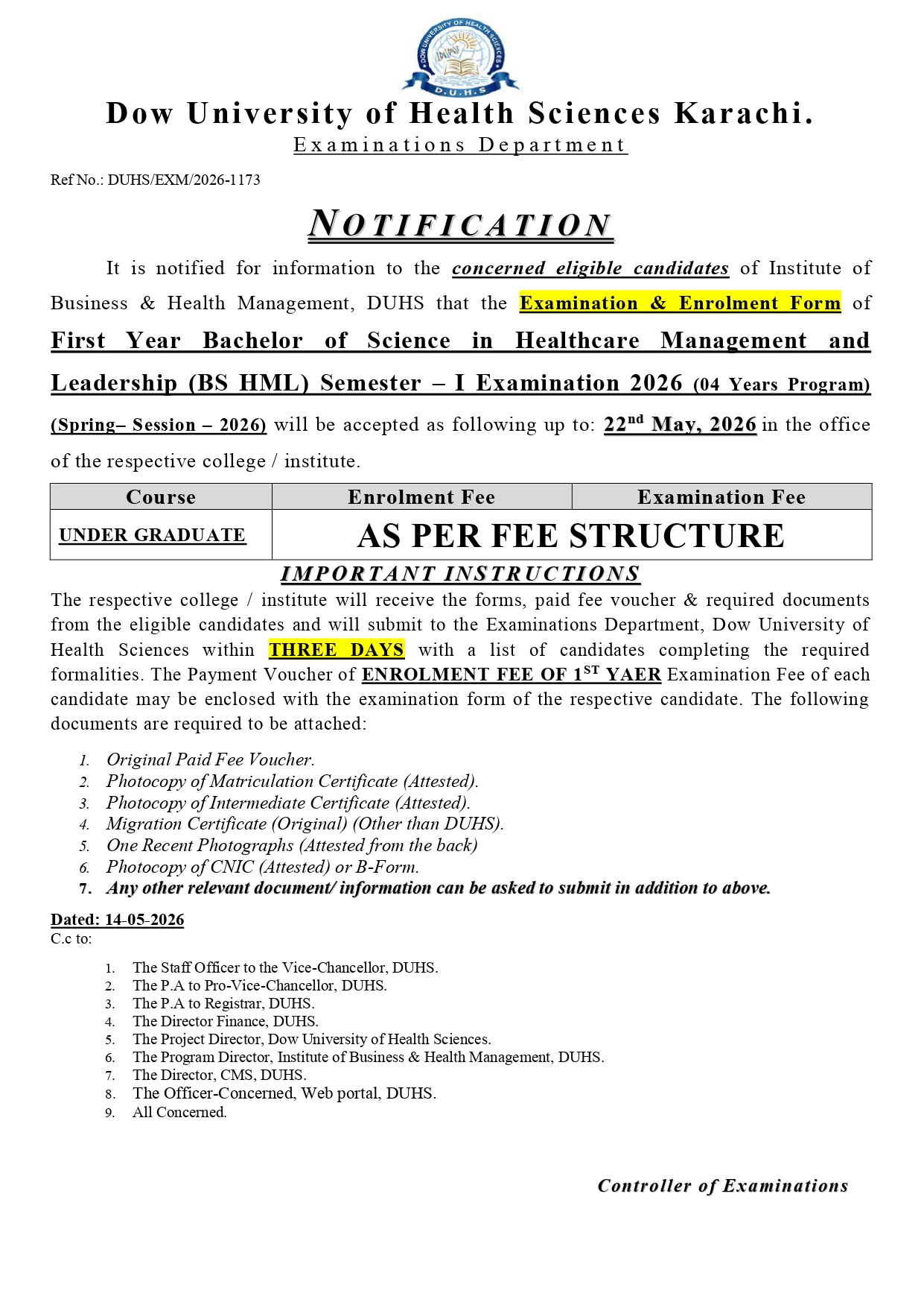DUHS Exam and Enrolment Form Notice 2026 for BSHML Exams Released