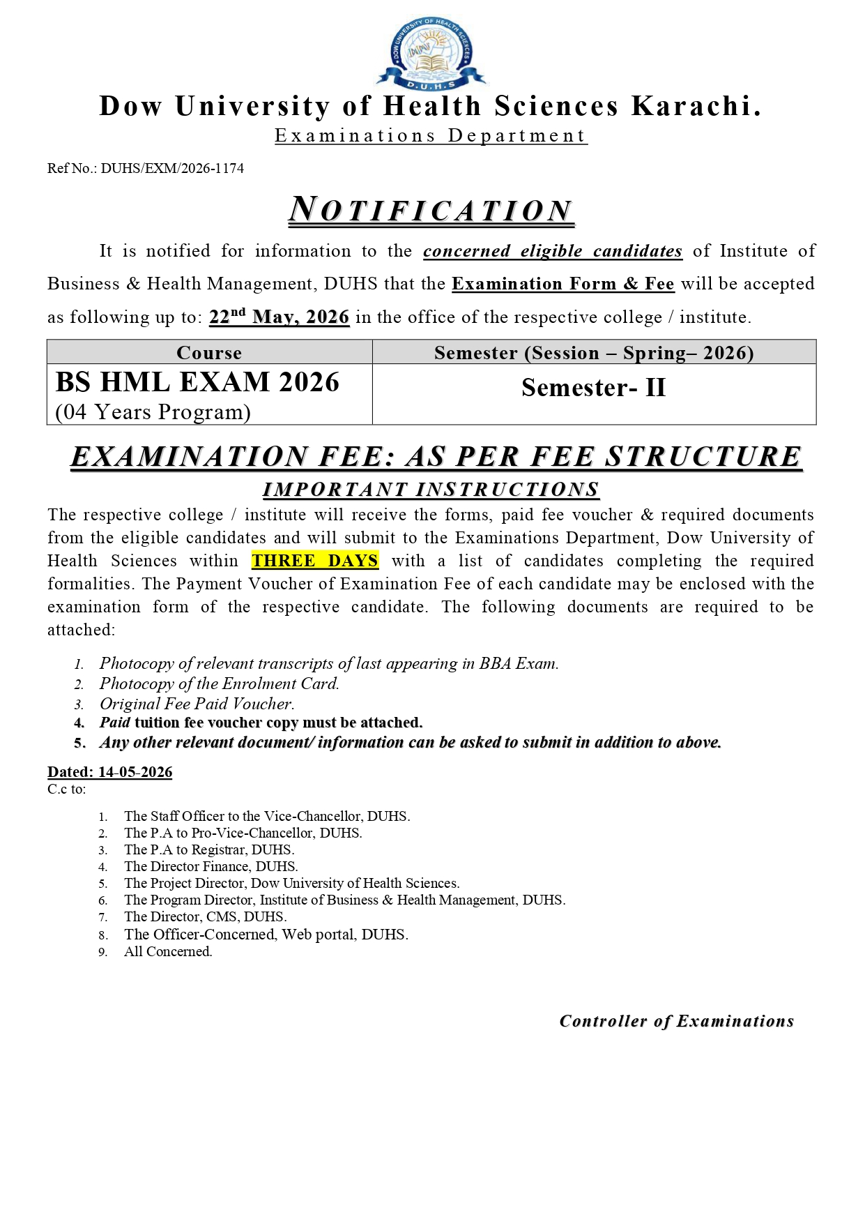 DUHS Released Exam Form and Fee Notice 2026 for BS HML Semester II Exams