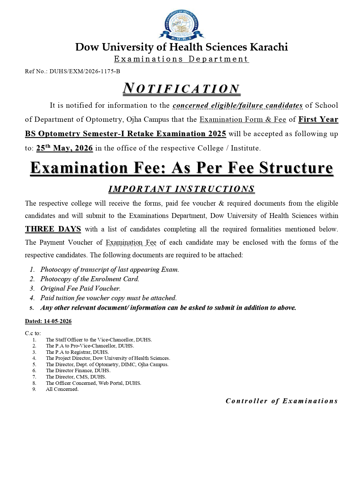 DUHS Released BS Optometry Semester I Retake Exam Form Notice 2026