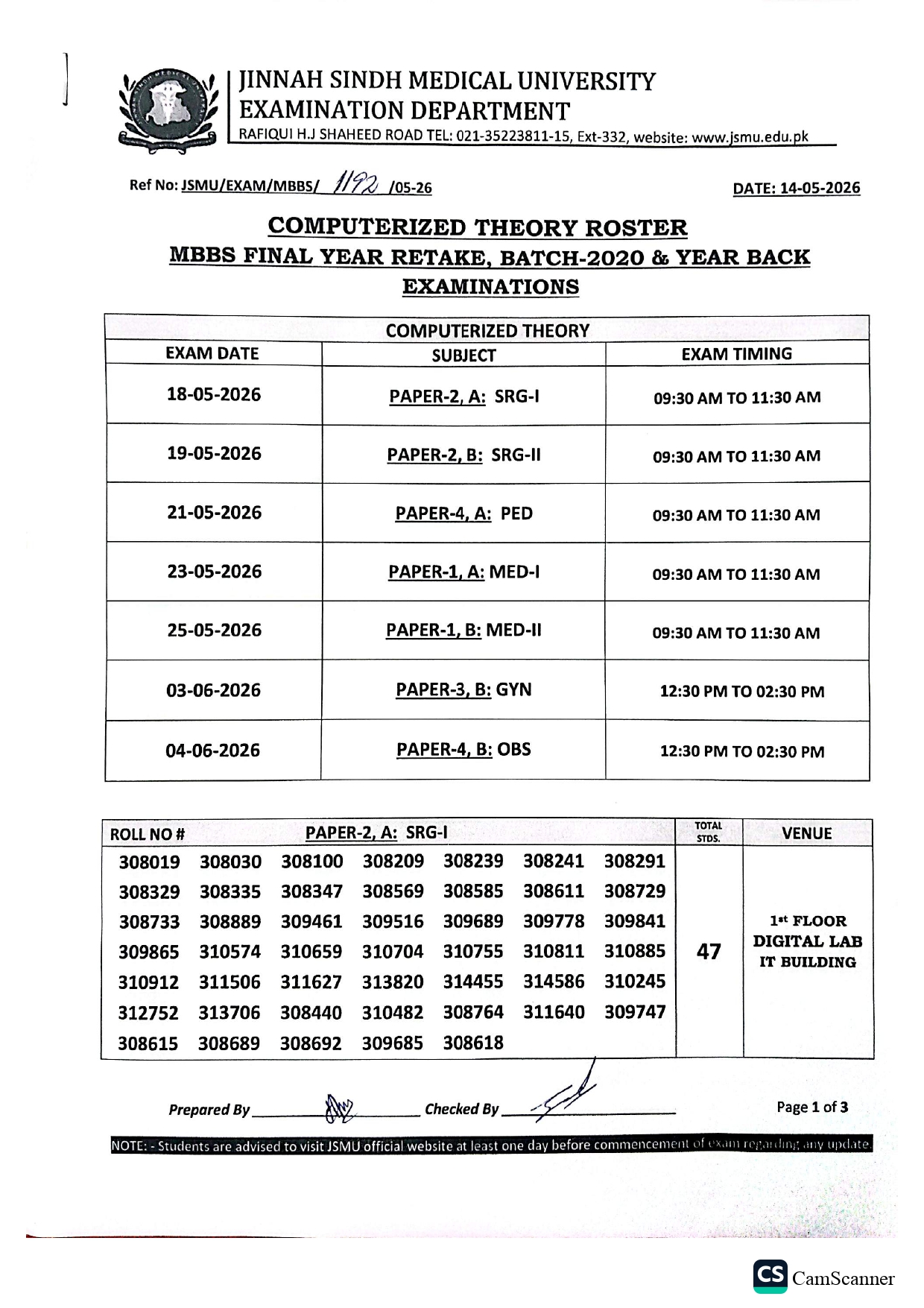 JSMU Computerized Theory Roster MBBS Exams Date Sheet 2026 Announced JSMU Computerized Theory Roster MBBS Exams Date Sheet 2026 Announced