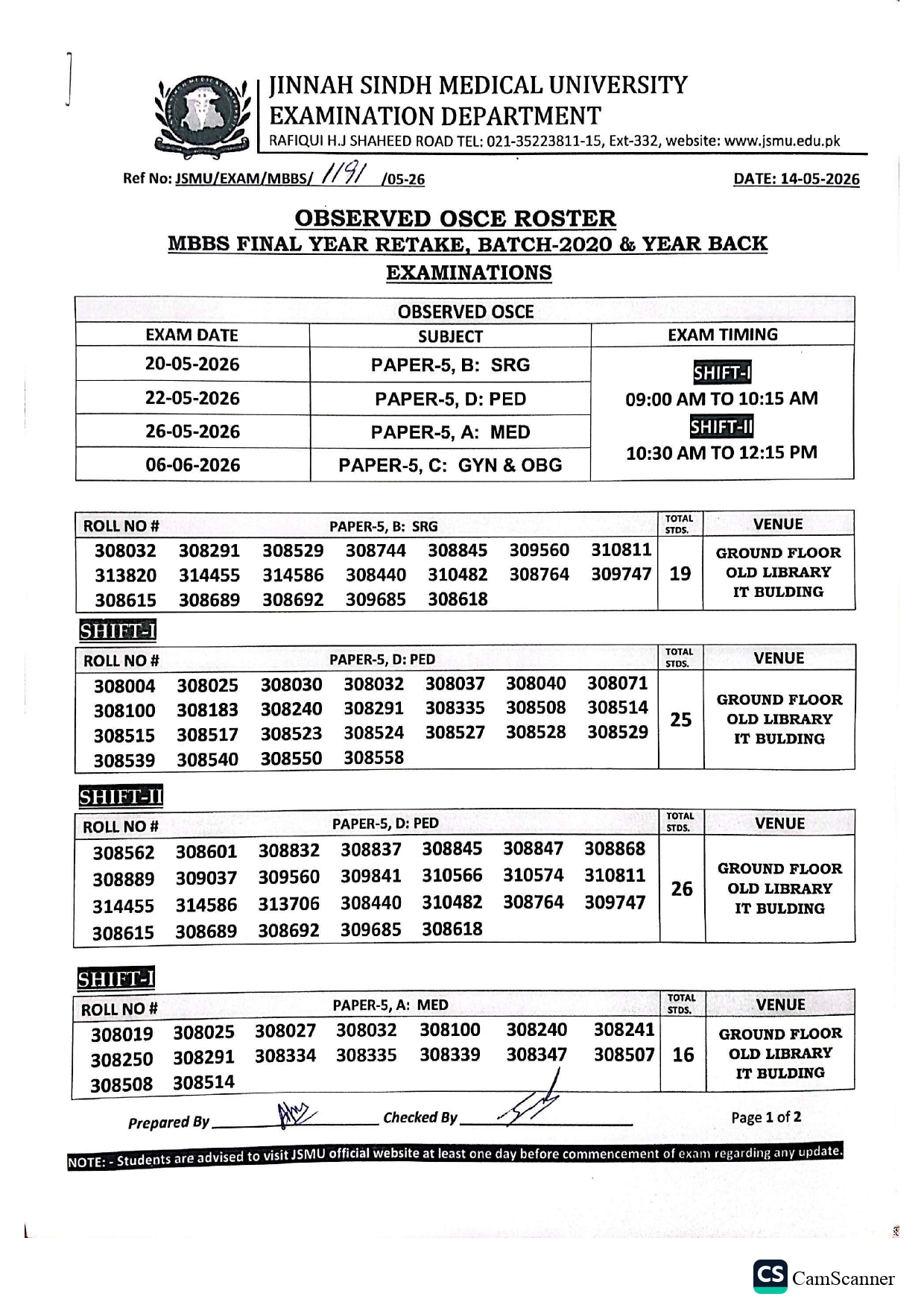 JSMU Observed OSCE Roster MBBS Exams Date Sheet 2026 Released