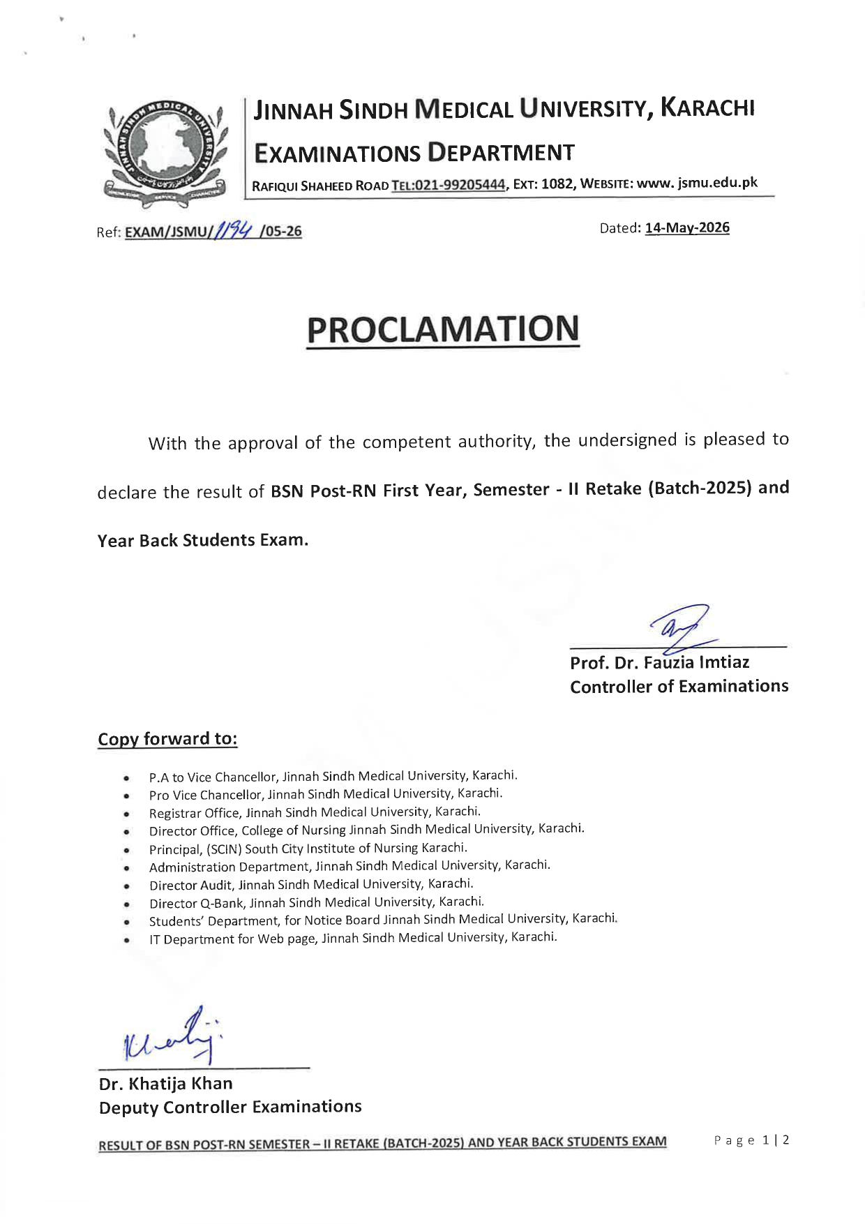 JSMU Result 2026 for BSN Post RN Semester-II Retake Released