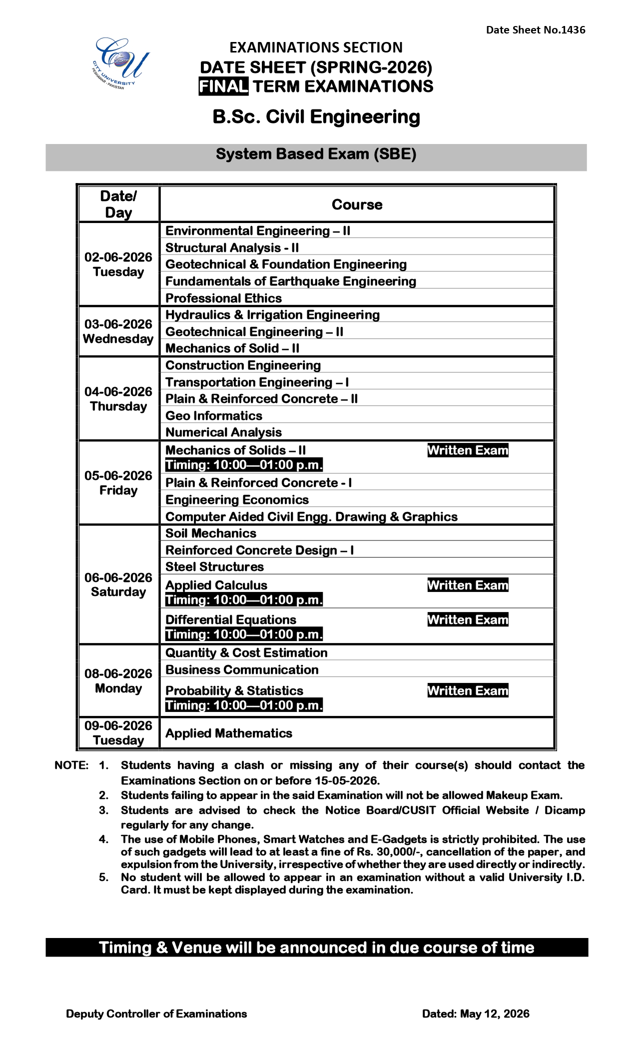 CUSIT Date Sheet 2026 for BSc Exams Released CUSIT Date Sheet 2026 for BSc Exams Released