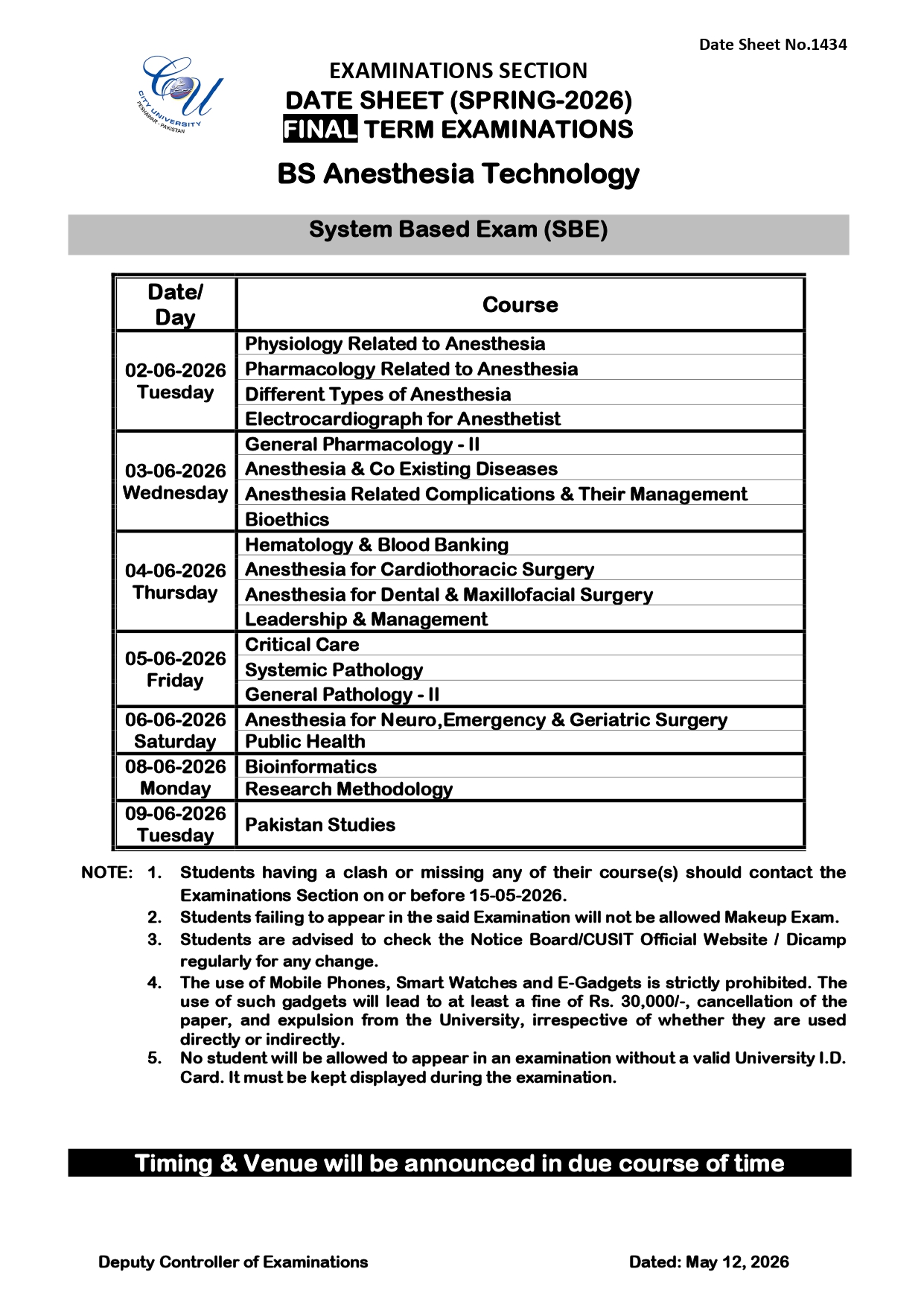 CUSIT Date Sheet 2026 for BS Programs Announced CUSIT Date Sheet 2026 for BS Programs Announced