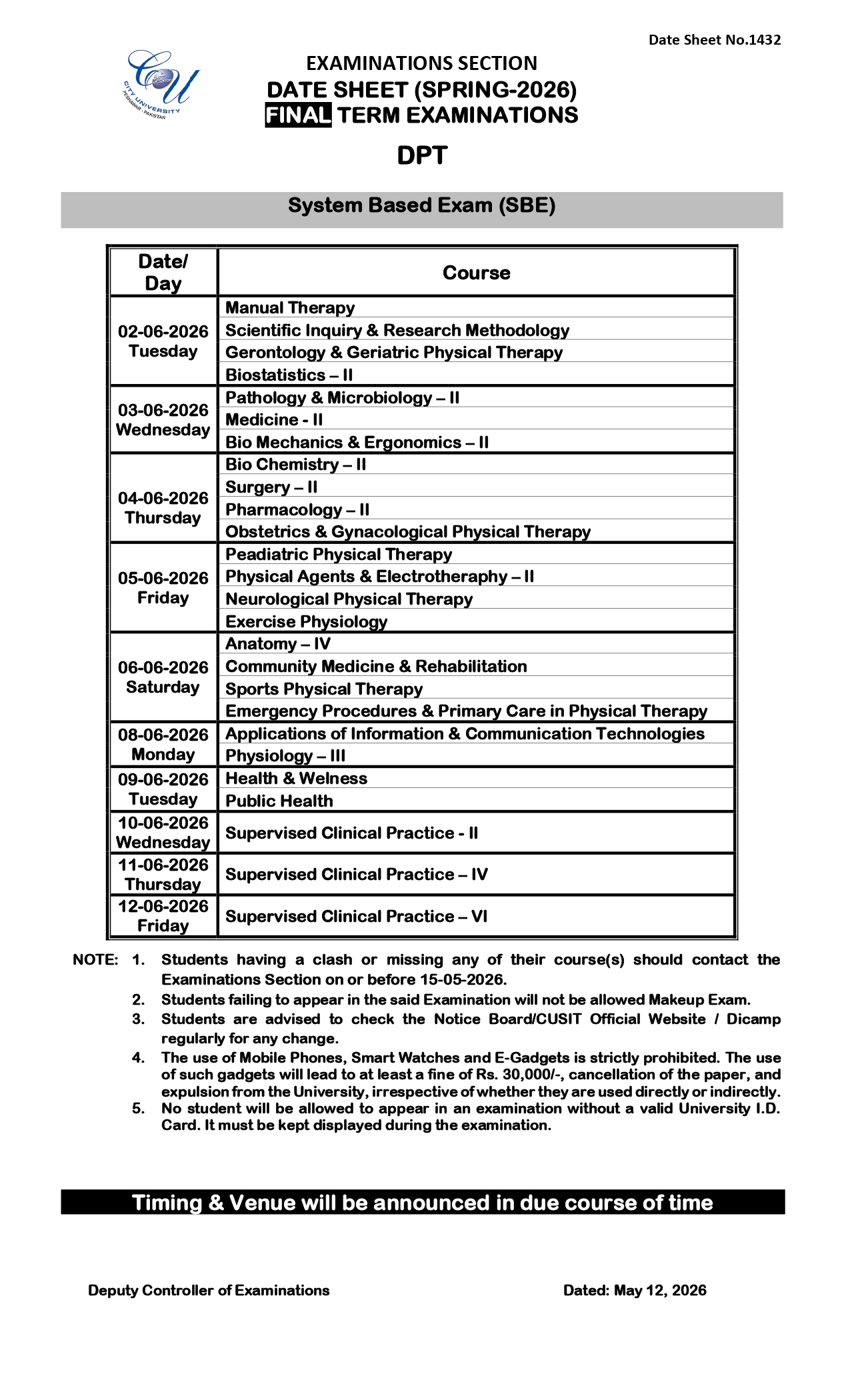 CUSIT Date Sheet 2026 for DPT Final Exams Released