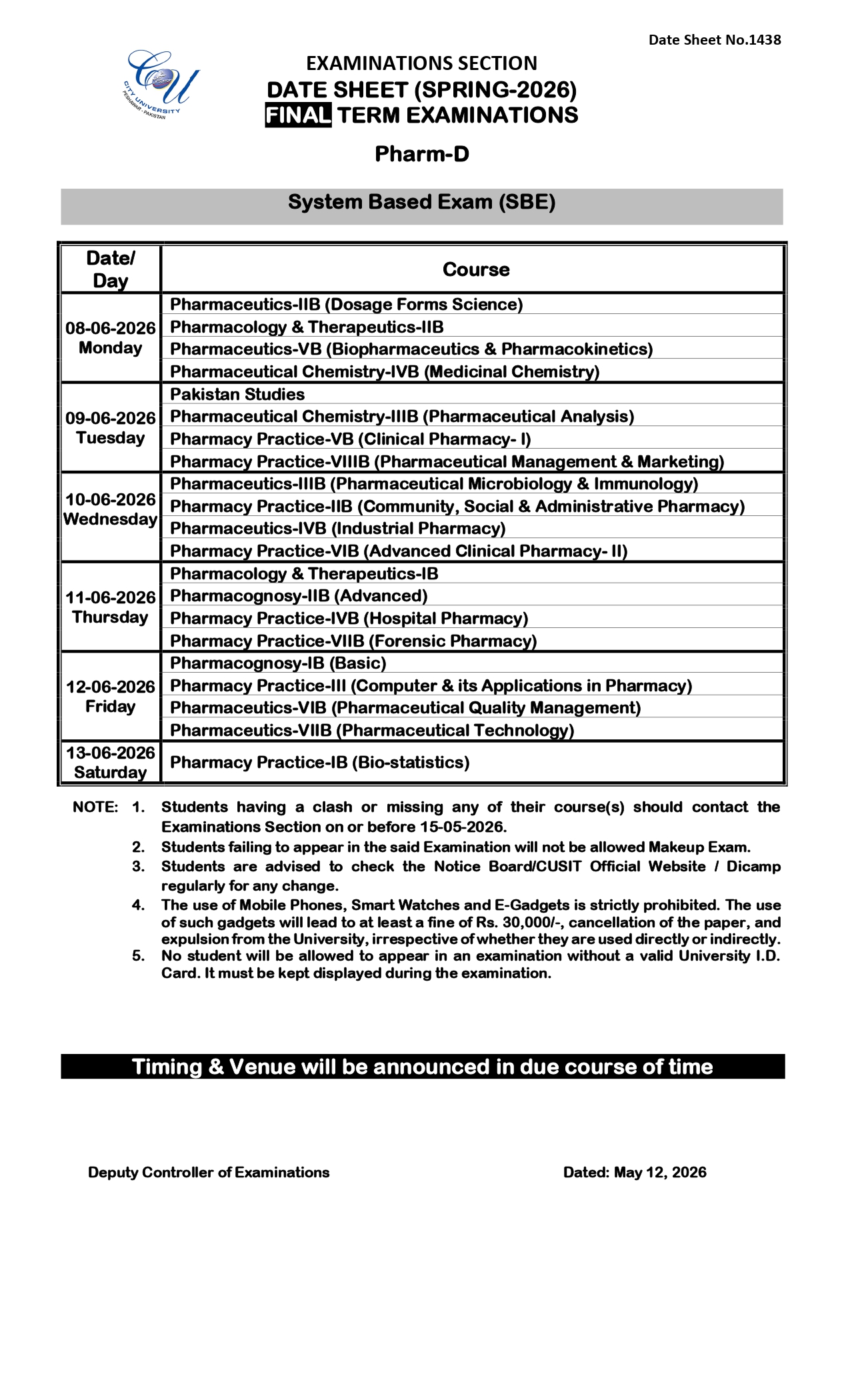 CUSIT Announced Date Sheet 2026 for Pharm-D Final Exams CUSIT Announced Date Sheet 2026 for Pharm-D Final Exams