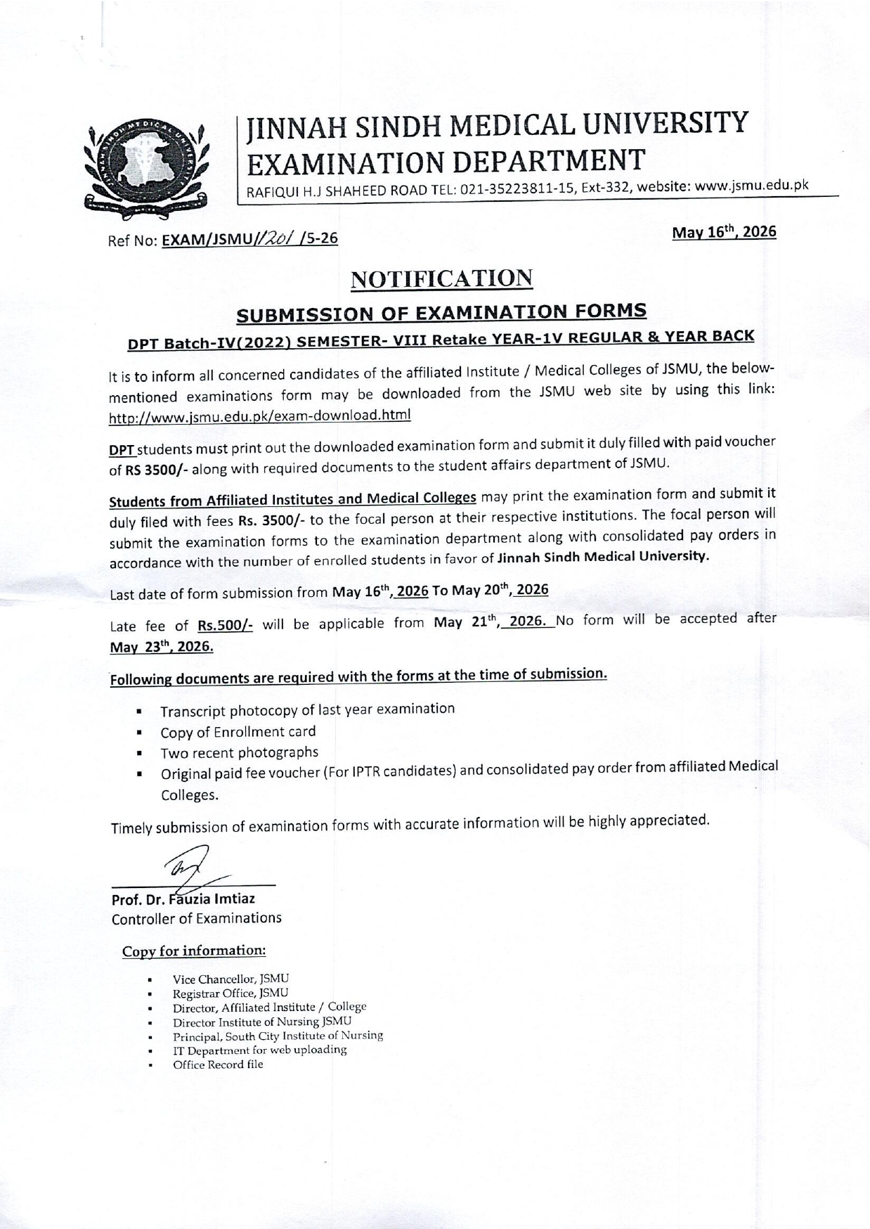 JSMU Exam Form Submission Notice 2026 for DPT Students Released
