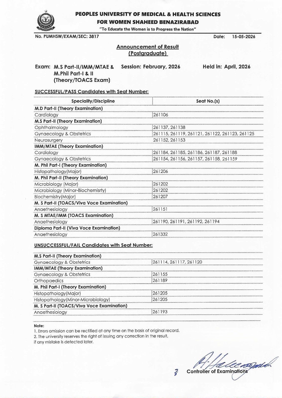 PUMHS Result 2026 Announced for Postgraduate Programs