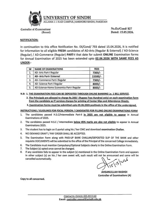 USindh Exam Form & Fee Notice 2026 for AD Programs Released