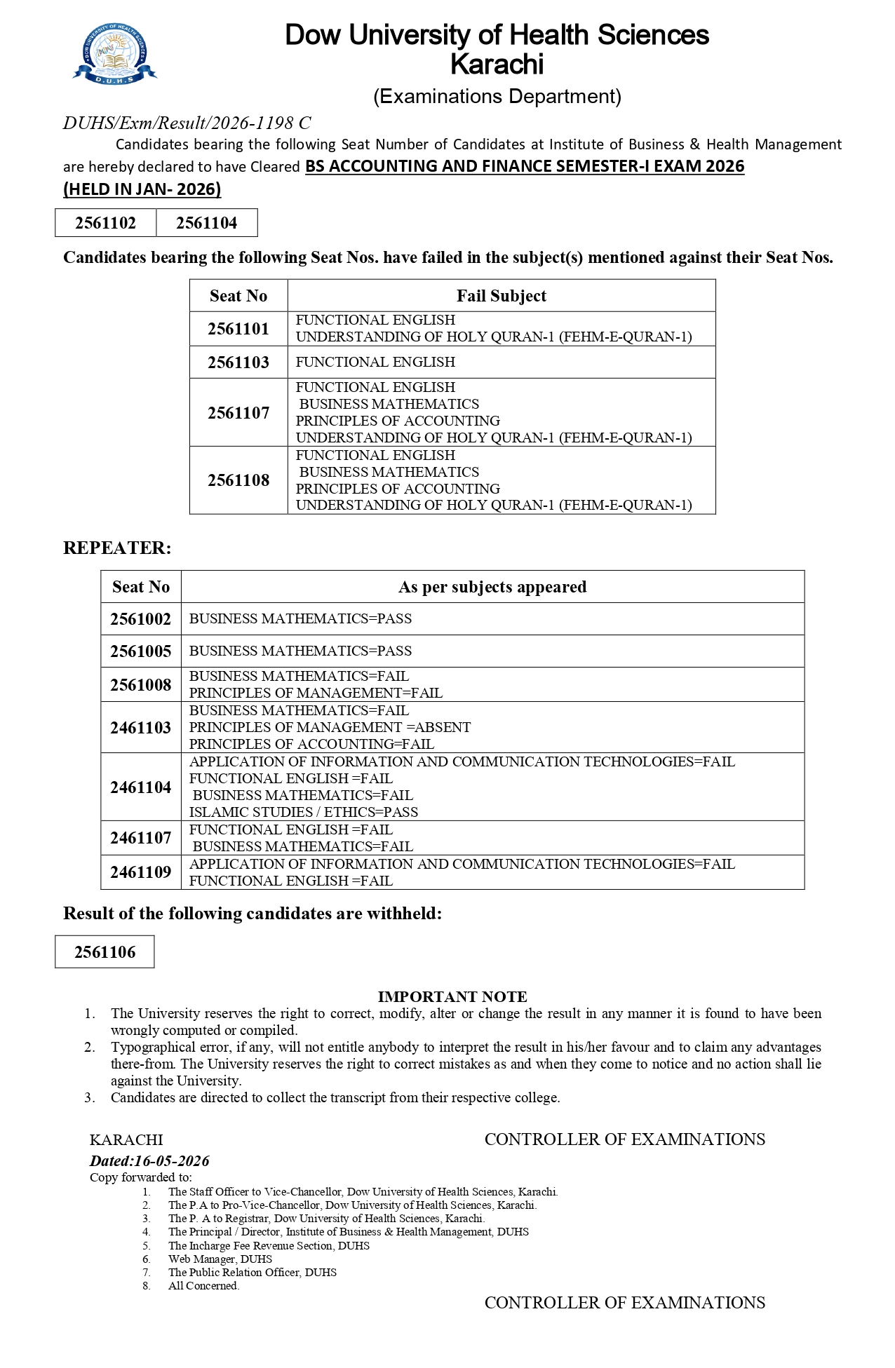 DUHS Result 2026 Released for BS Accounting & Finance
