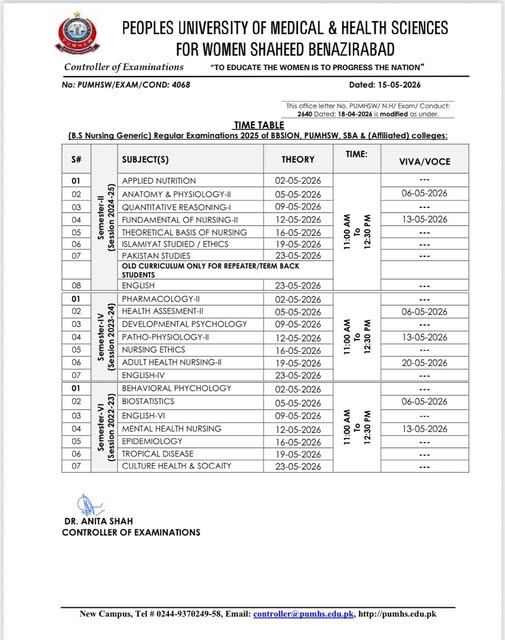 PUMHS Date Sheet 2026 Announced for BSN Exams PUMHS Date Sheet 2026 Announced for BSN Exams
