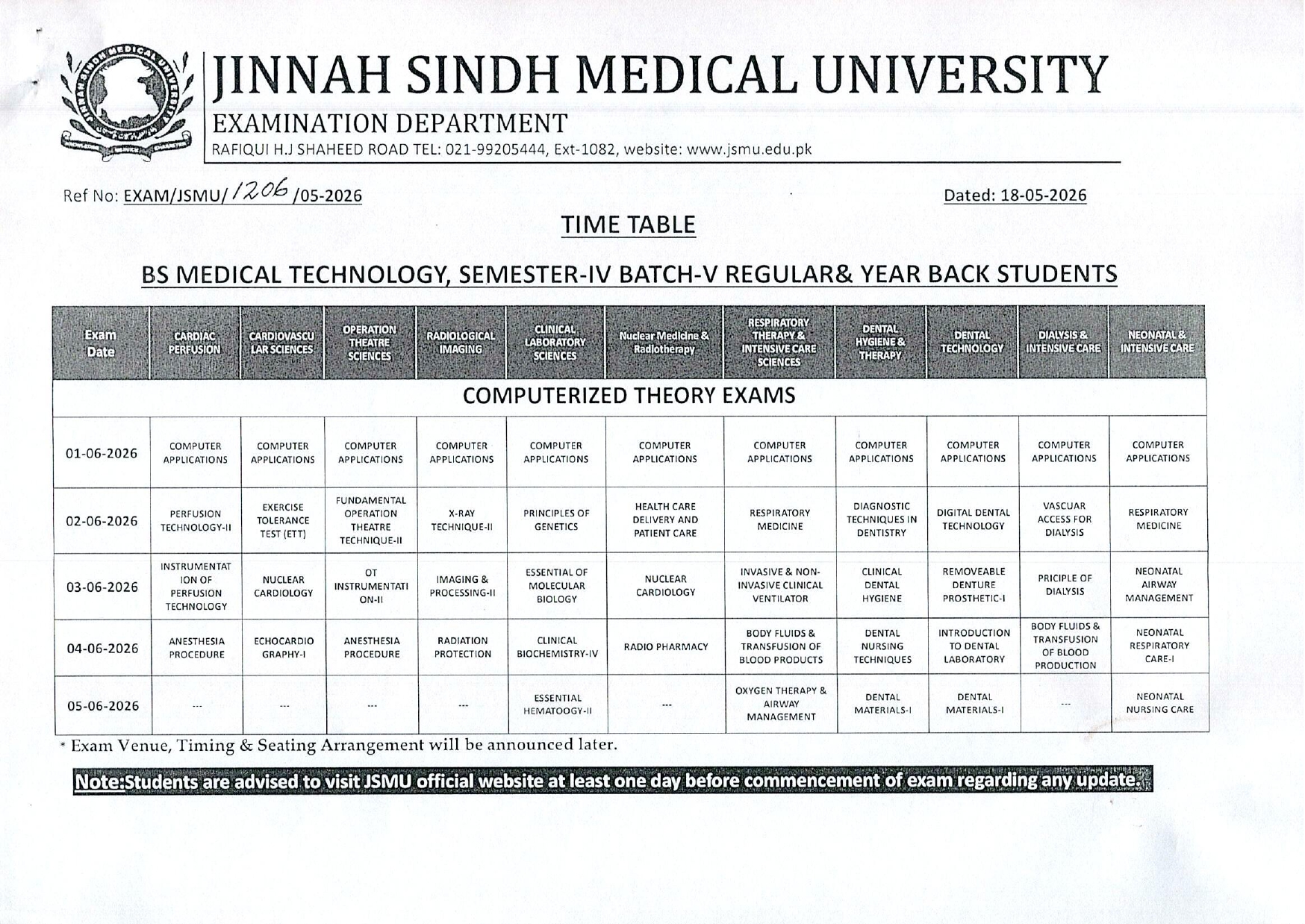 JSMU Date Sheet 2026 Released for BSMT Semester IV Batch V Regular & YB Exams JSMU Date Sheet 2026 Released for BSMT Semester IV Batch V Regular & YB Exams