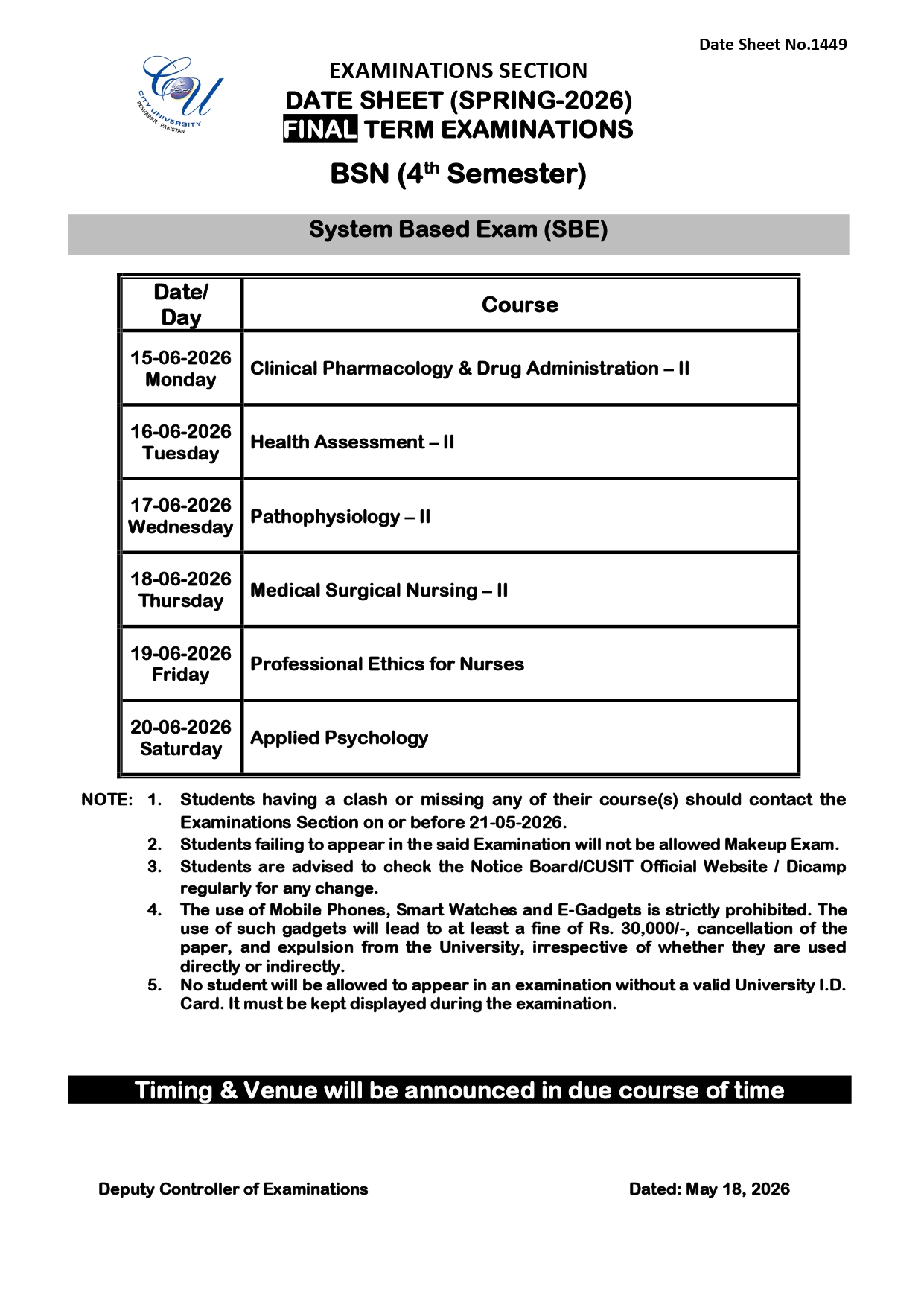CUSIT Date Sheet 2026 Released for BSN 4th Semester Exams