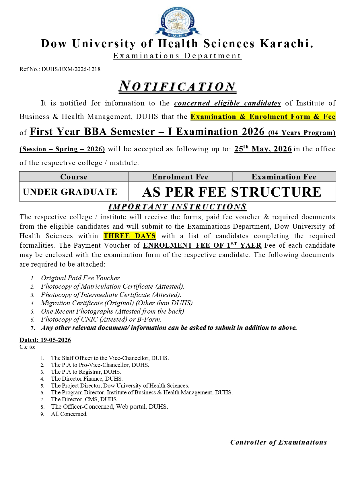DUHS Exam & Enrollment Form & Fee Notice 2026 for BBA Students Released