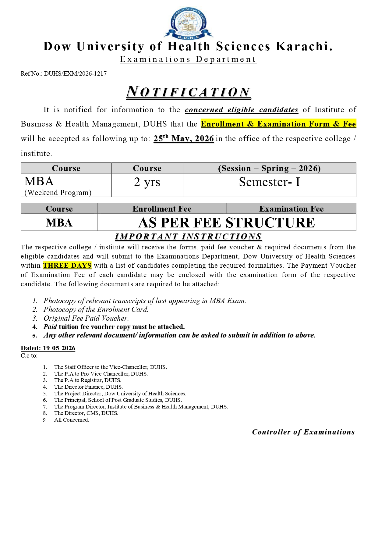 DUHS MBA  Exam & Enrollment Form & Fee Notice 2026 Released