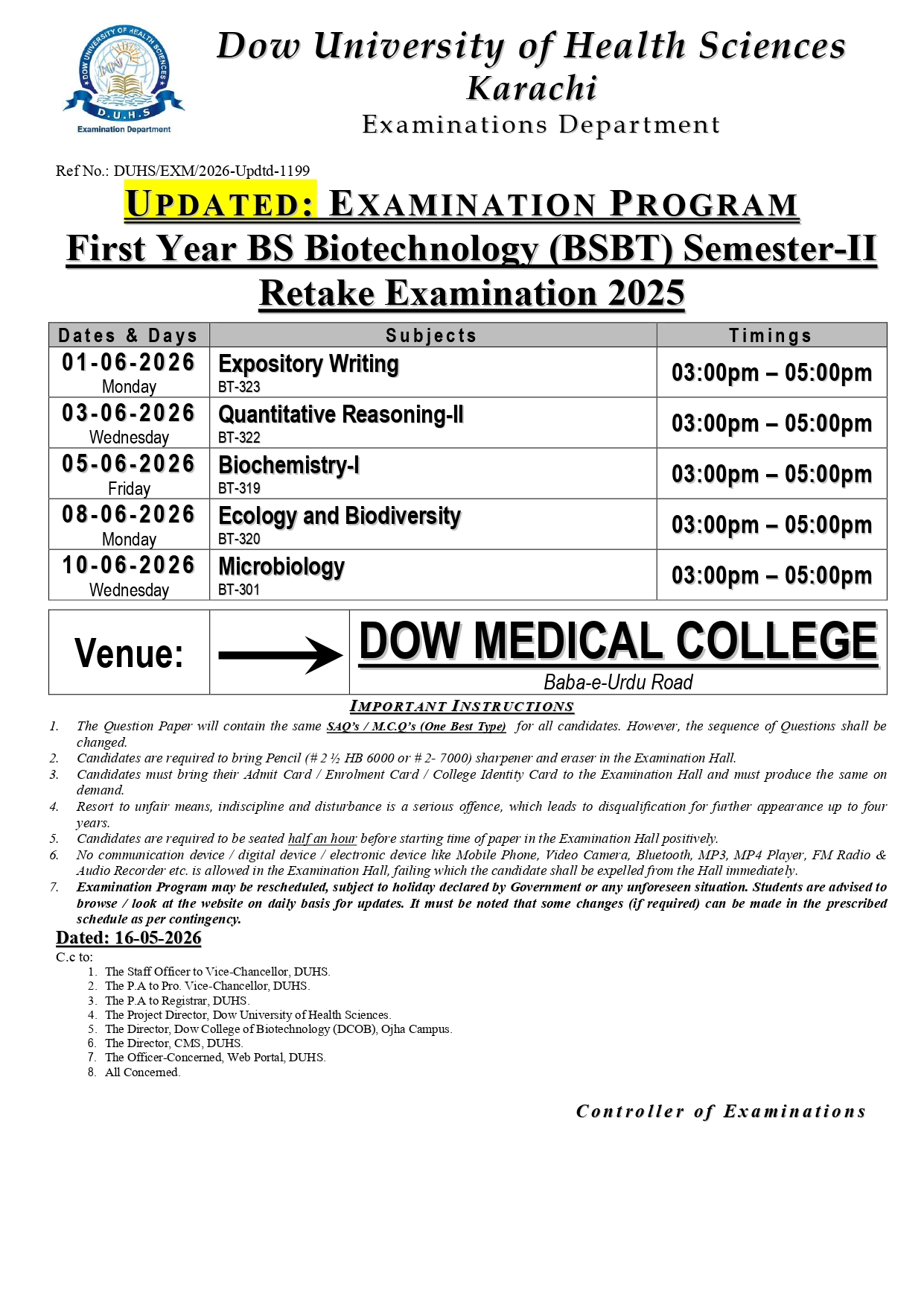 DUHS BSBT Semester II Date Sheet 2026 Announced