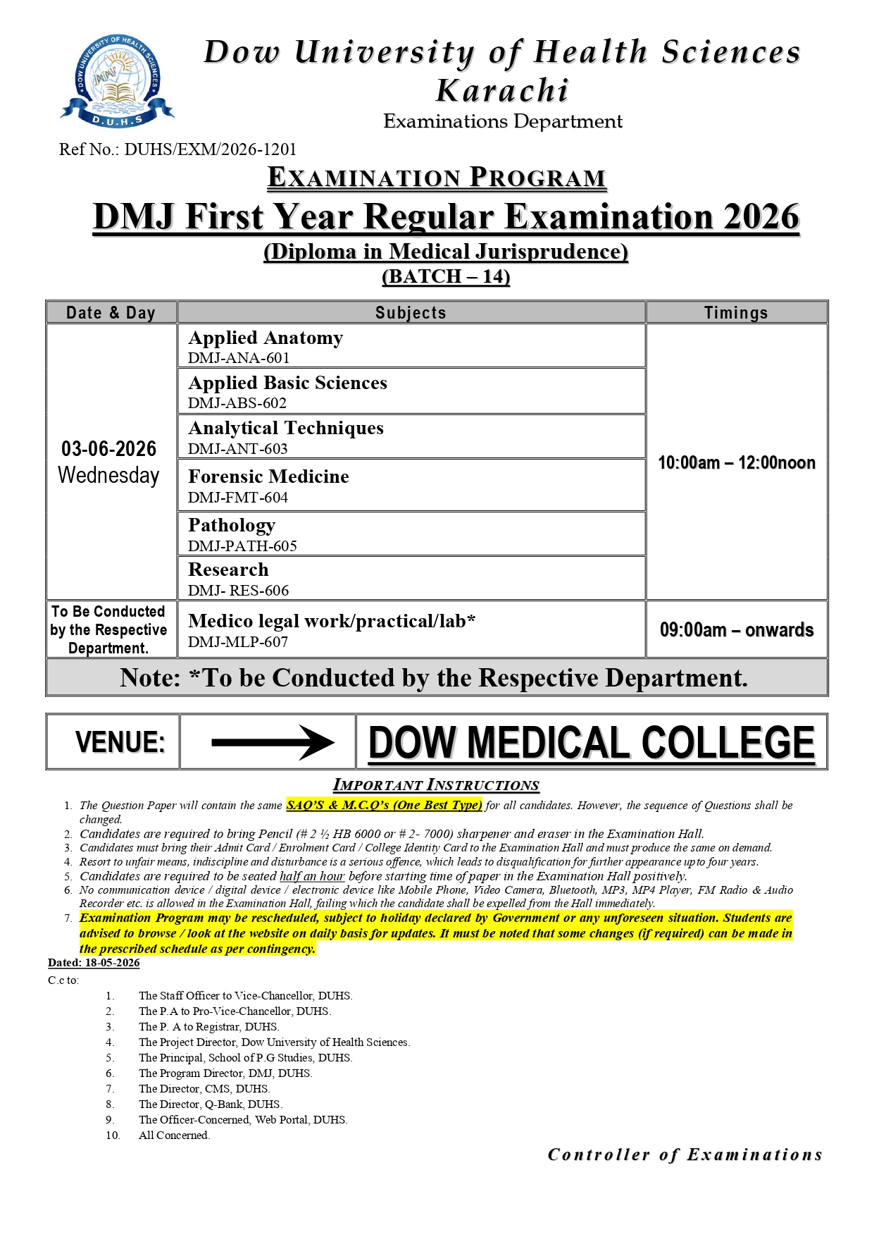 DUHS DMJ 1st Year Date Sheet 2026 Released