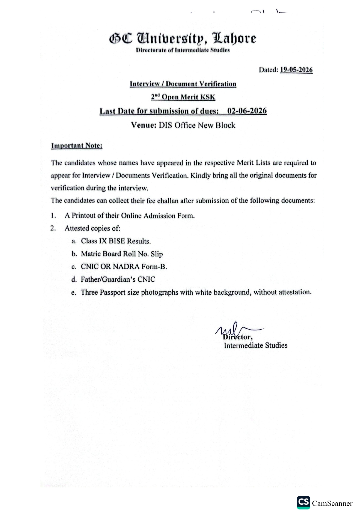 GCU Releases Merit List Interview Docs Verification Schedule 2026