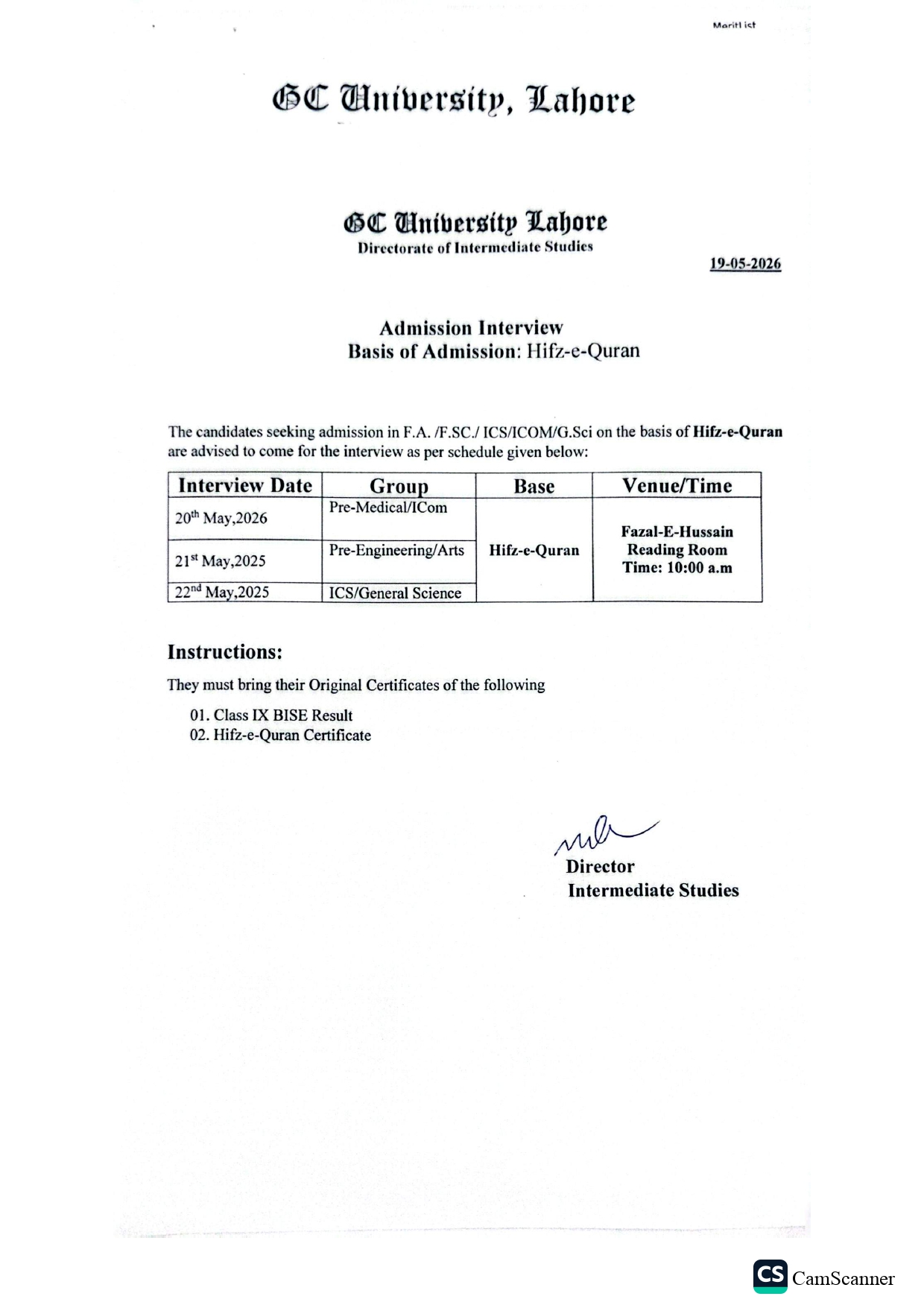 GCU Lahore Intermediate Programs Admission Interview Schedule 2026 Released GCU Lahore Intermediate Programs Admission Interview Schedule 2026 Released