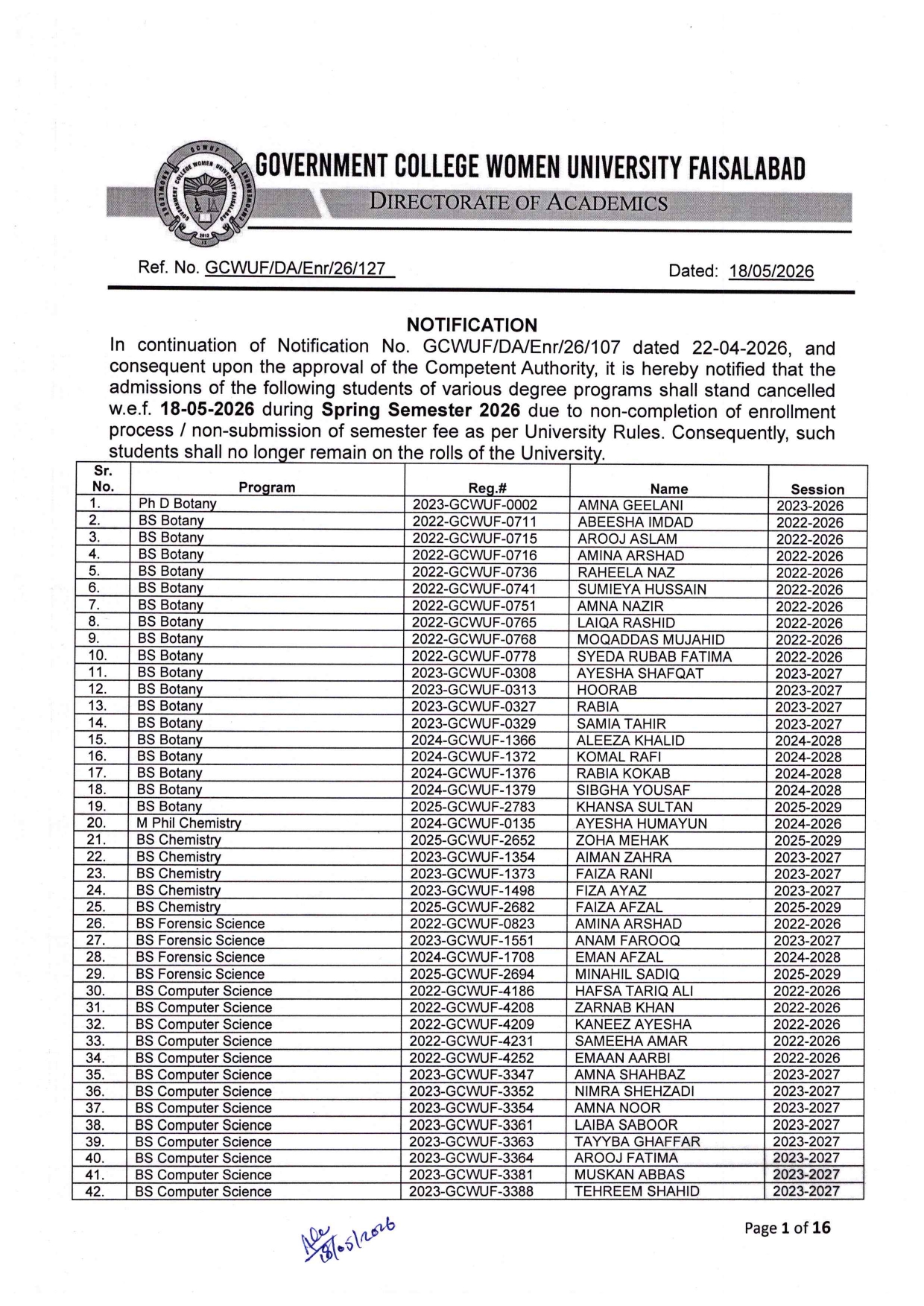 GCWUF Admission Cancellation Notice 2026 Released GCWUF Admission Cancellation Notice 2026 Released