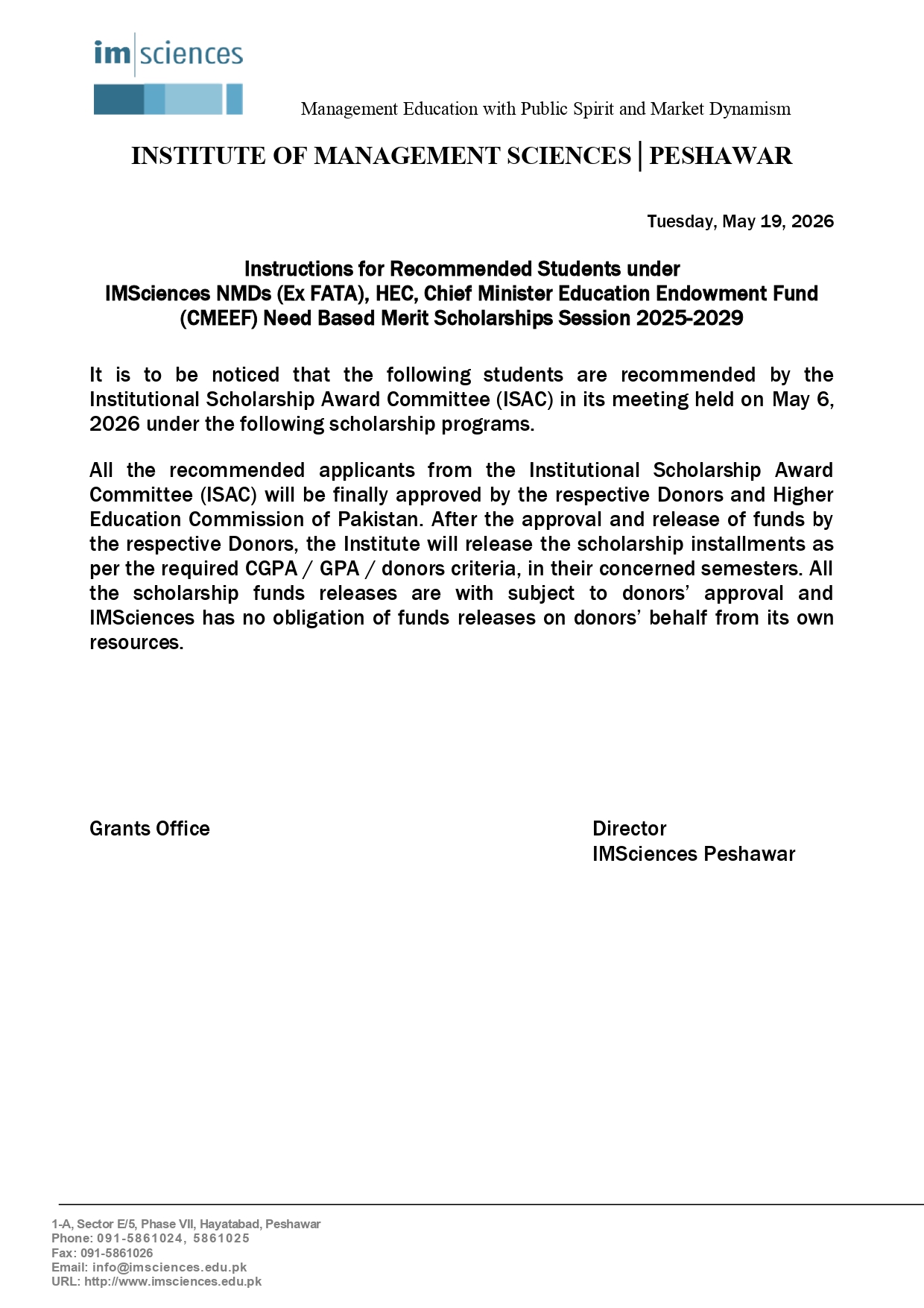 IMS Instructions Notice for Recommended Students 2026 Released