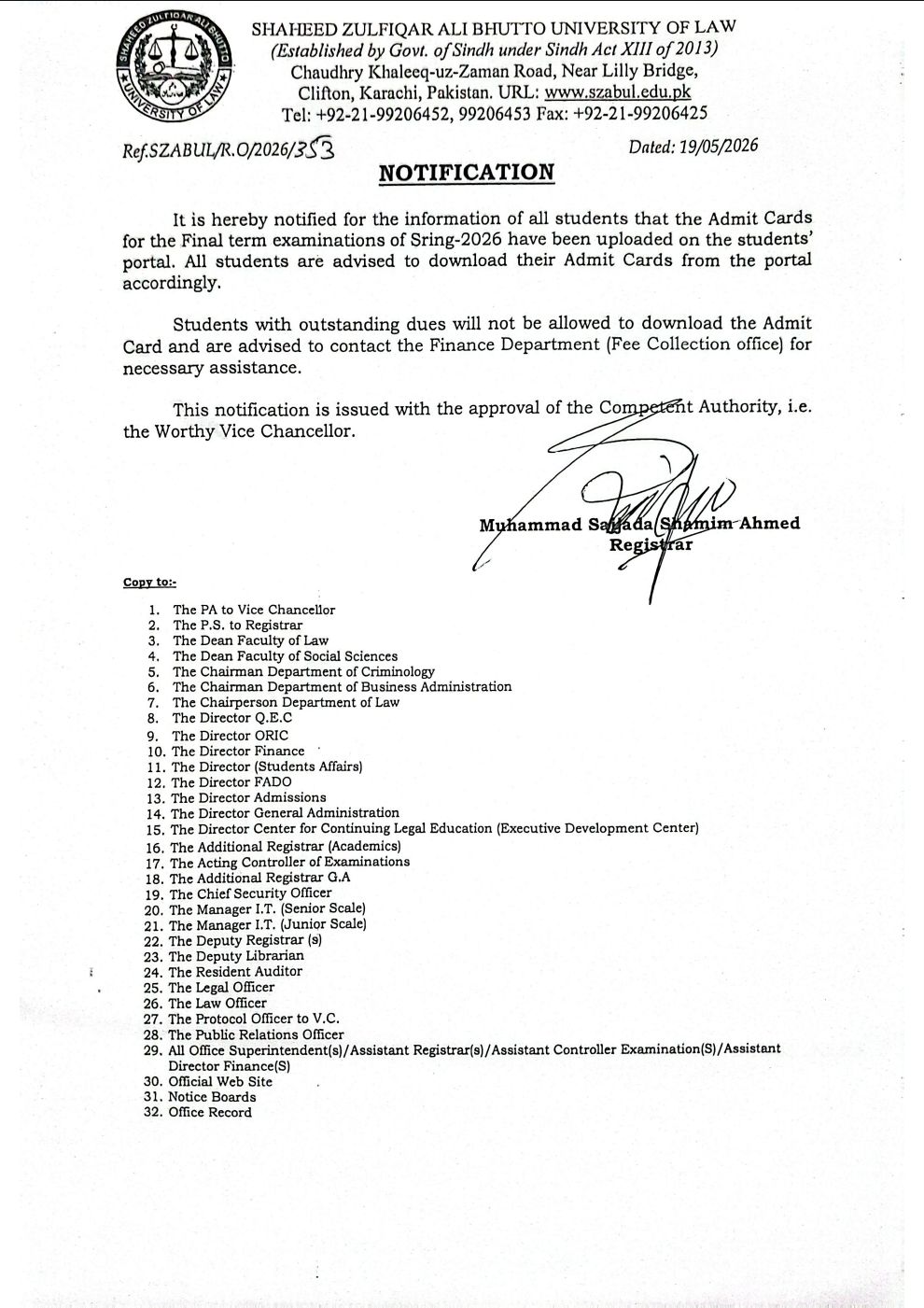 SZABUL Final Term Exams Admit Cards 2026 Uploaded Online SZABUL Final Term Exams Admit Cards 2026 Uploaded Online