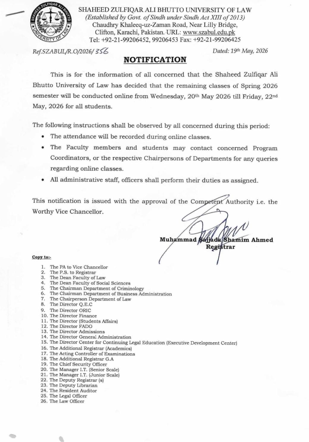 SZABUL Online Classes Notice 2026 for Spring Semester Released SZABUL Online Classes Notice 2026 for Spring Semester Released