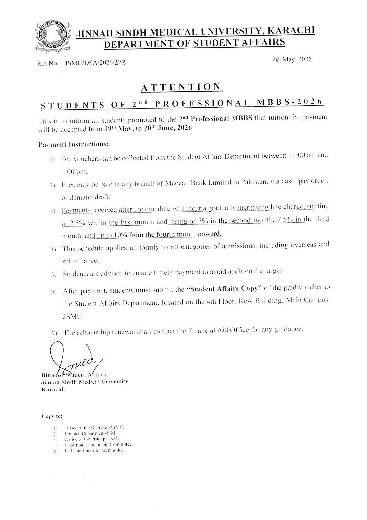 JSMU Releases Fee Notice 2026 for 2nd Professional MBBS Students JSMU Releases Fee Notice 2026 for 2nd Professional MBBS Students