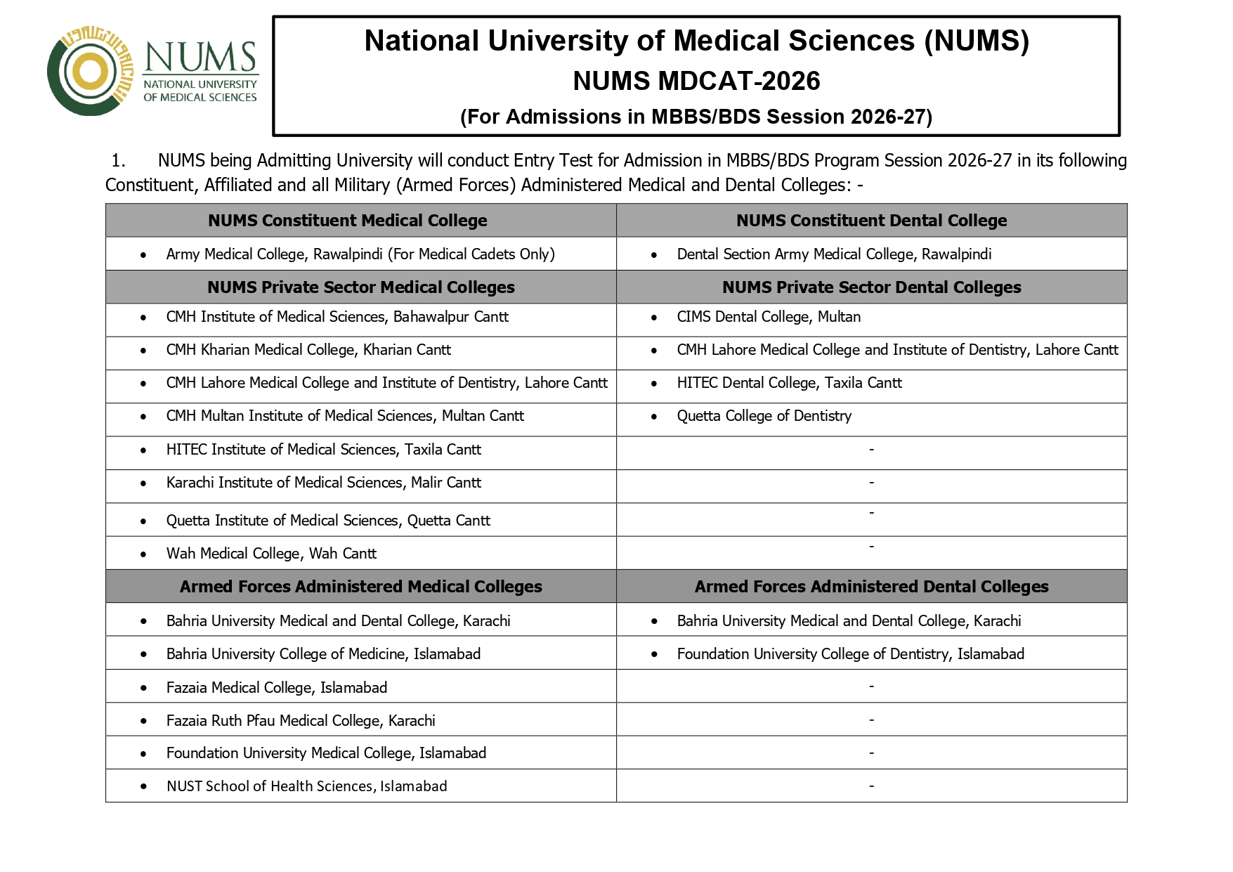 NUMS MDCAT 2026 for MBBS & BDS Admissions Announced NUMS MDCAT 2026 for MBBS & BDS Admissions Announced