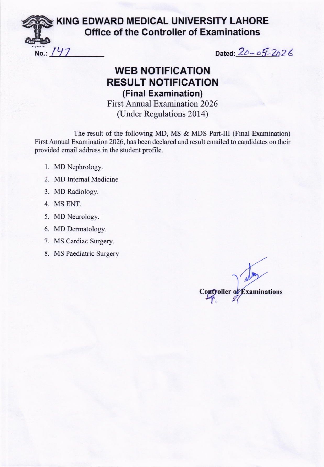 KEMU Result 2026 Released for MD, MS & MDS Part III Exams KEMU Result 2026 Released for MD, MS & MDS Part III Exams