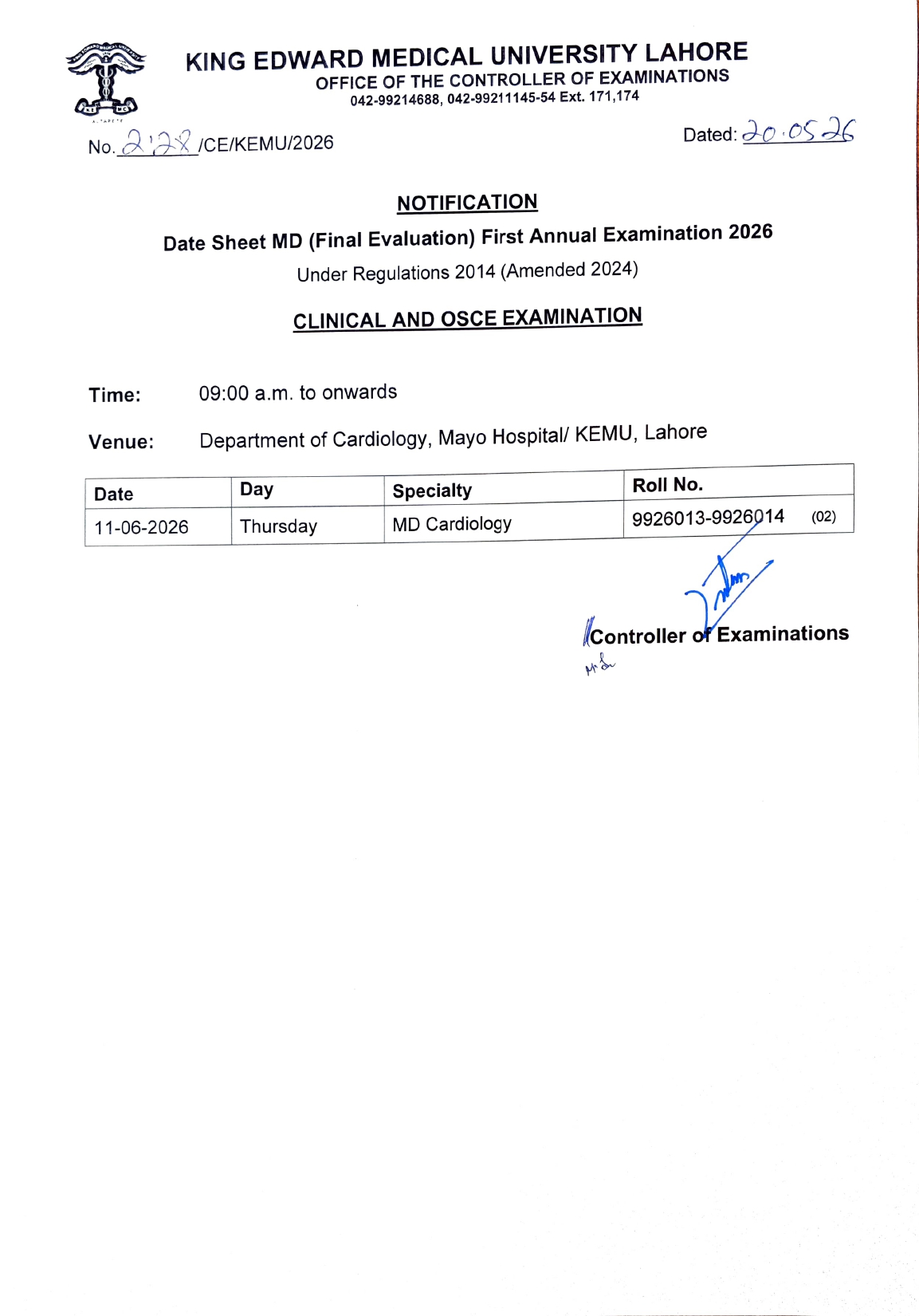 KEMU Date Sheet 2026 Announced for MD & MS Programs Exams KEMU Date Sheet 2026 Announced for MD & MS Programs Exams
