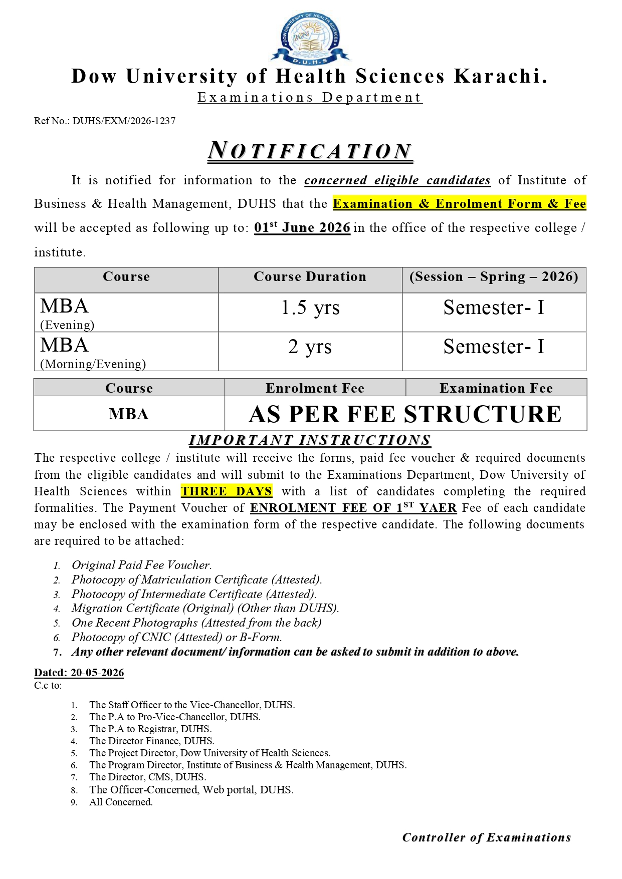 DUHS MBA Exam & Enrolment Form & Fee Notice 2026 Announced DUHS MBA Exam & Enrolment Form & Fee Notice 2026 Announced