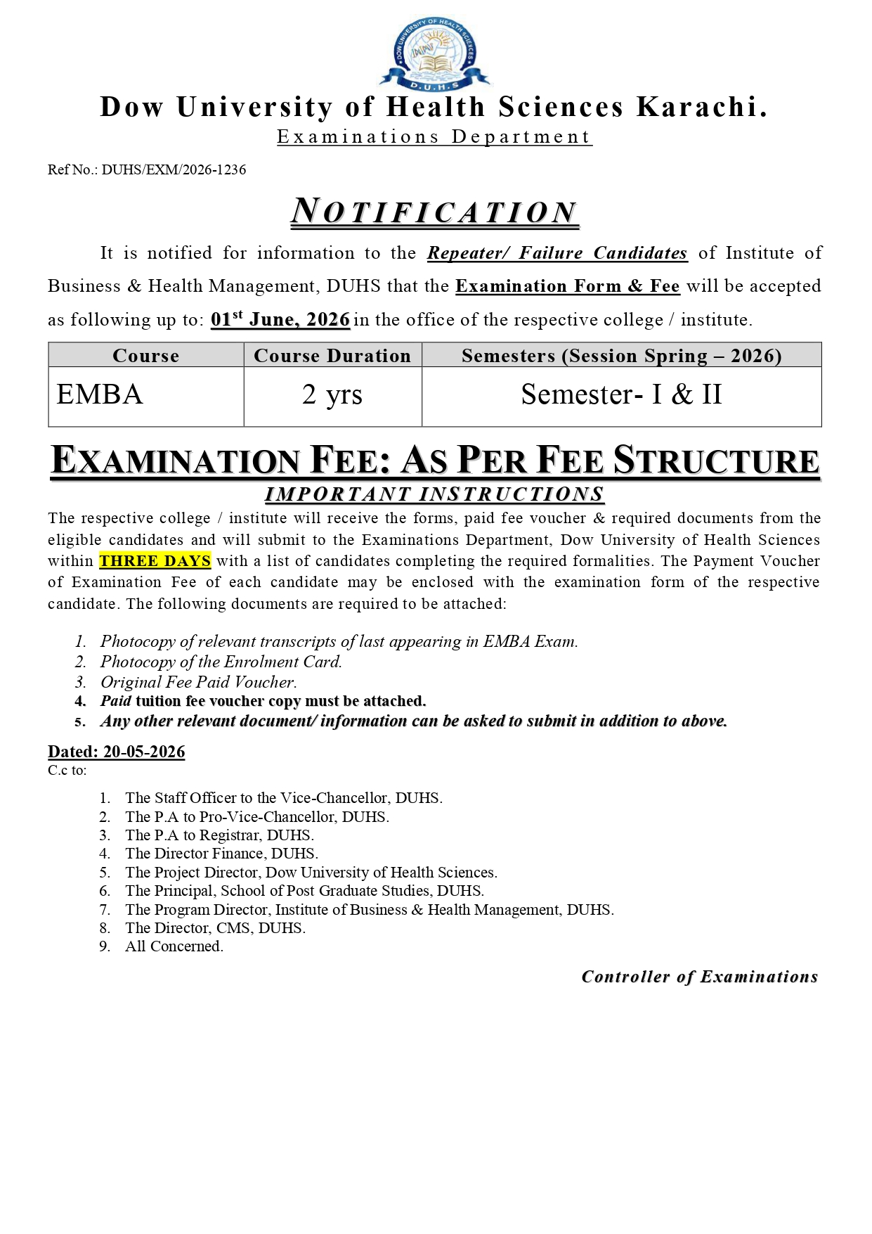 DUHS Exam Form & Fee Notice 2026 Announced for MBA & EMBA Programs DUHS Exam Form & Fee Notice 2026 Announced for MBA & EMBA Programs