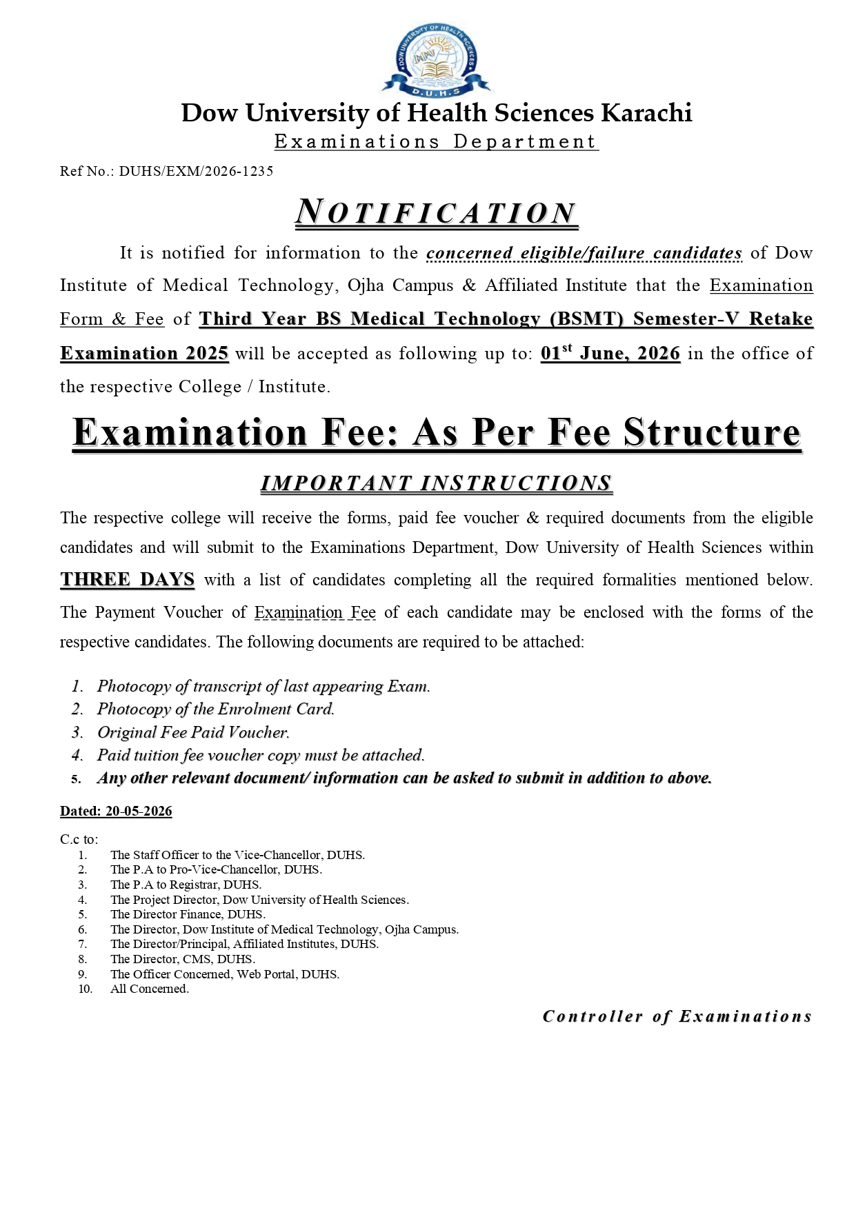 DUHS Exam Form & Fee Notice 2026 for BSMT Program Released DUHS Exam Form & Fee Notice 2026 for BSMT Program Released