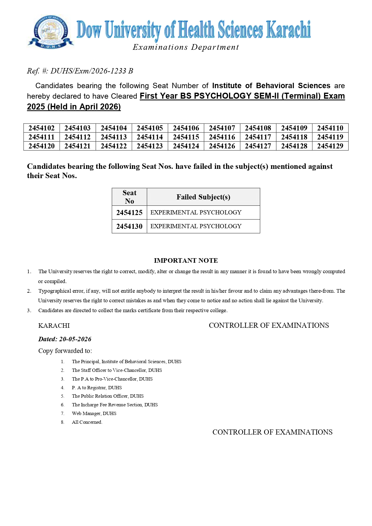 DUHS Result 2026 Released for BS Psychology Sem II, IV & VI Exams DUHS Result 2026 Released for BS Psychology Sem II, IV & VI Exams