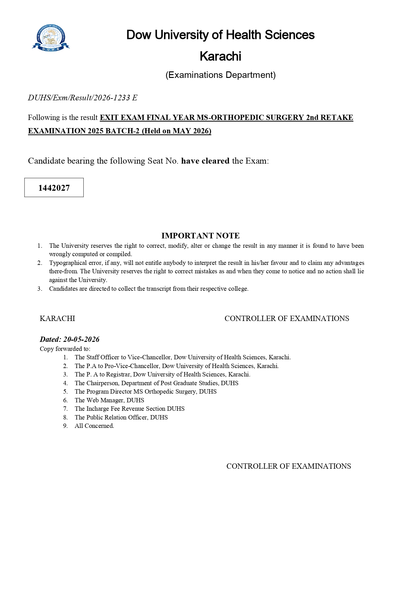 DUHS MSOT Exit Exam Results 2026 Released for All Batches DUHS MSOT Exit Exam Results 2026 Released for All Batches