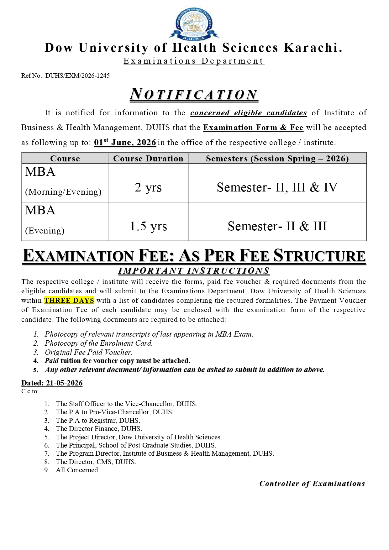 DUHS Exam Form & Fee Notice 2026 Announced for MBA Students