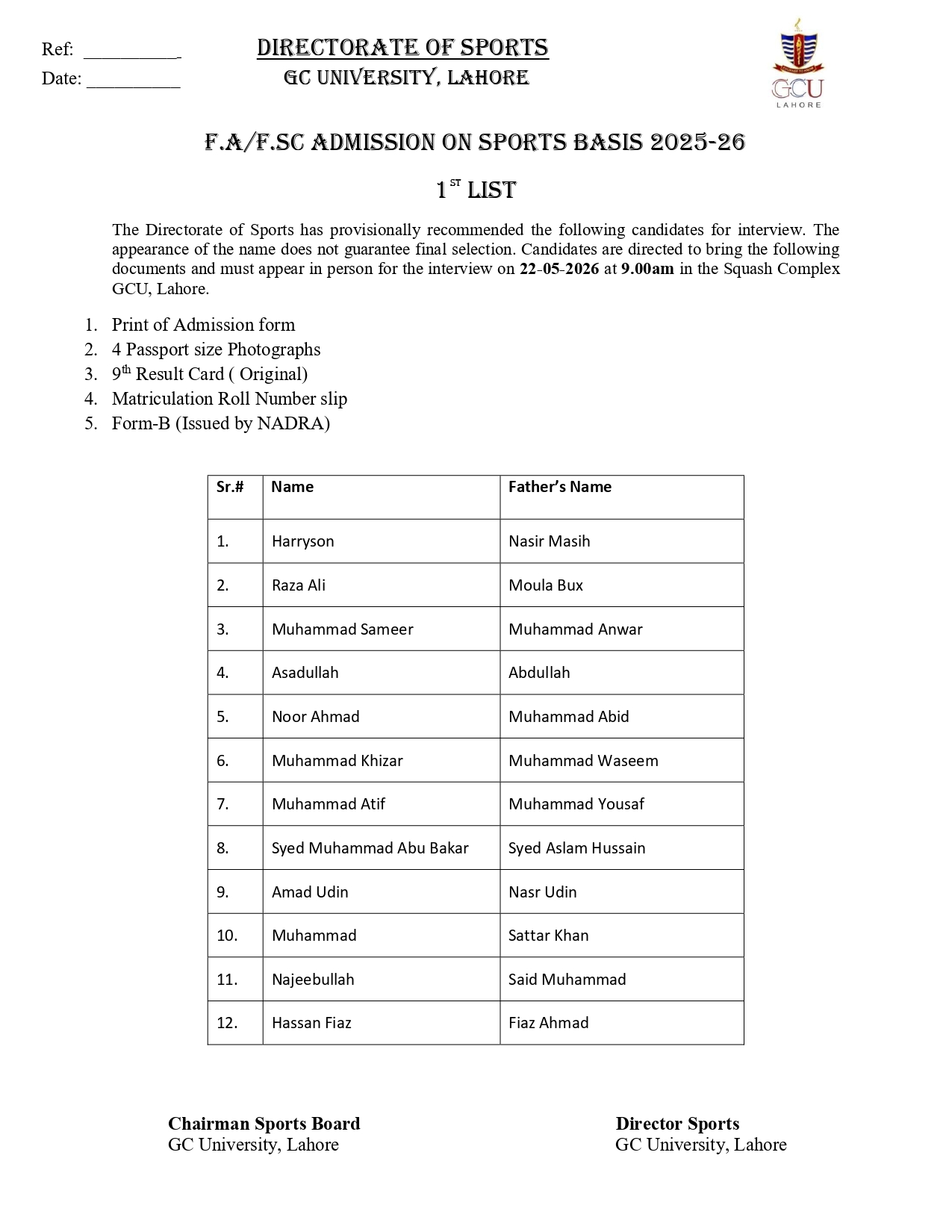 GCU Interview List & Schedule 2026 Released for Sports Based Admissions