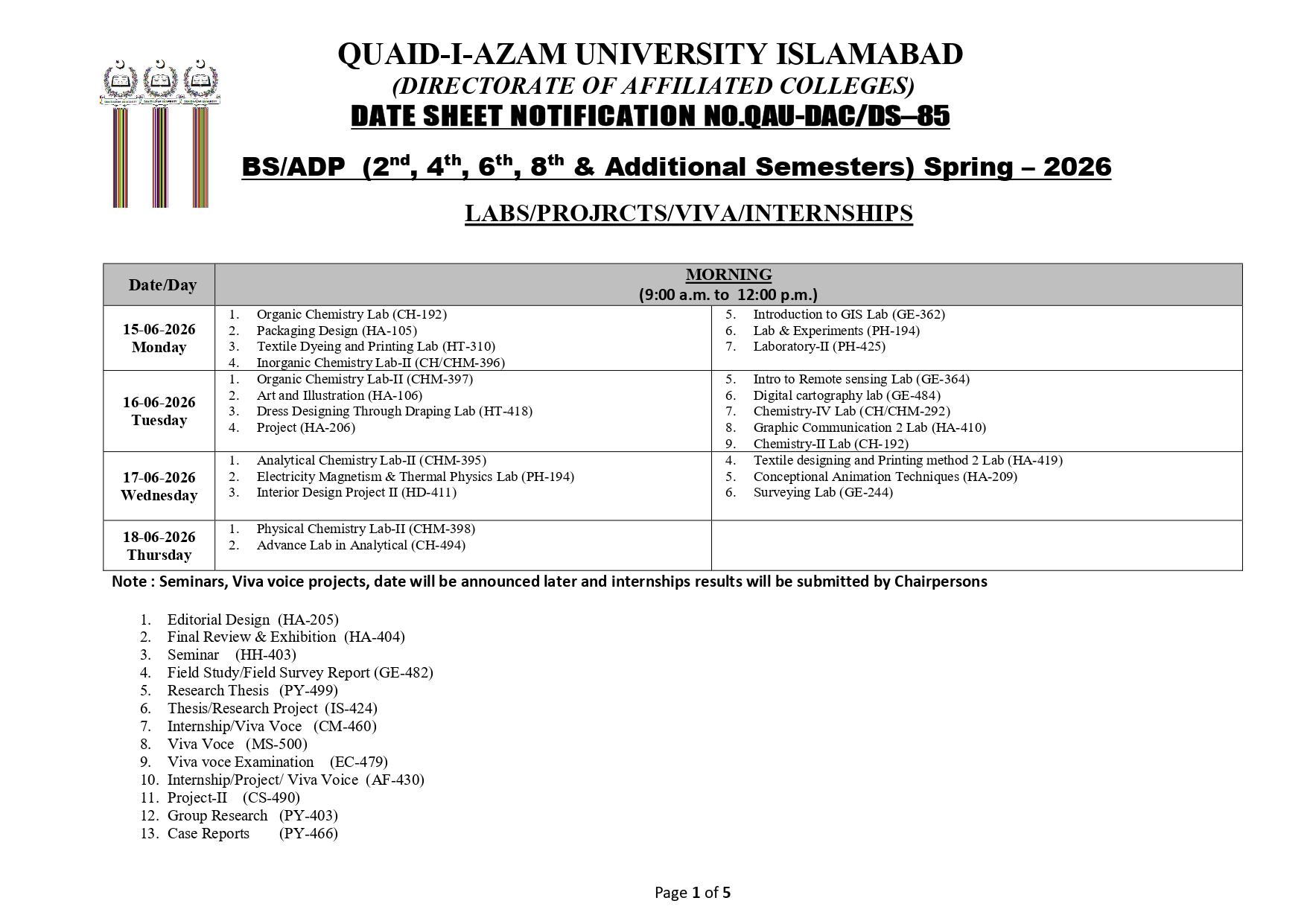 QAU Date Sheet 2026 Released for BS & ADP Spring Exams QAU Date Sheet 2026 Released for BS & ADP Spring Exams