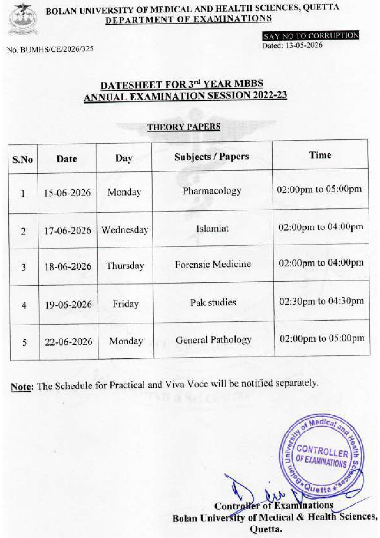 BUMHS Date Sheet 2026 Released for 3rd Year MBBS & BDS Exams BUMHS Date Sheet 2026 Released for 3rd Year MBBS & BDS Exams