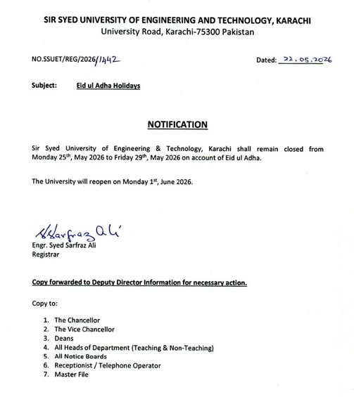 SSUET Holidays Notice 2026 for Eid Ul Adha Released SSUET Holidays Notice 2026 for Eid Ul Adha Released