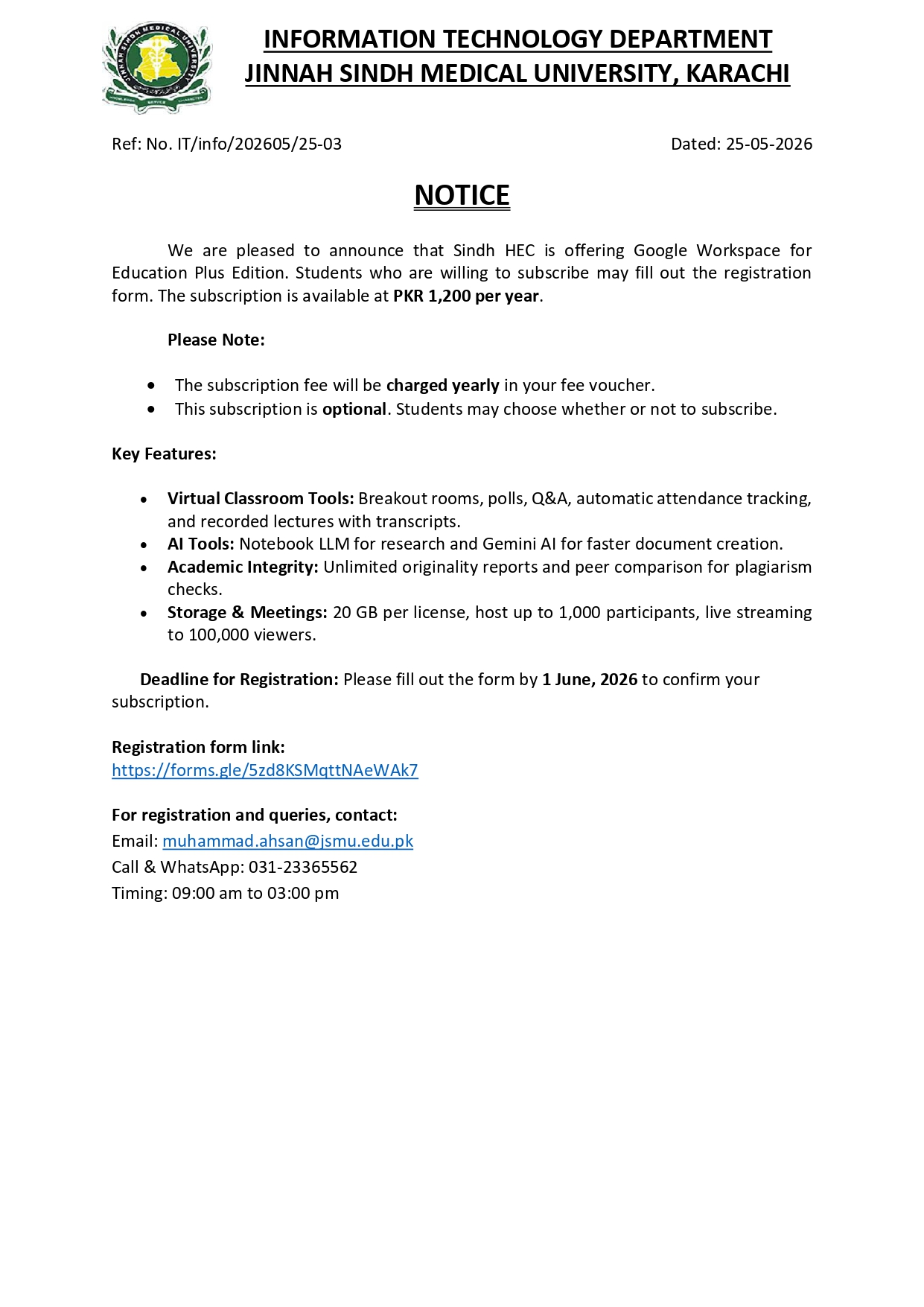 JSMU Registration Form & Fee Notice 2026 for Google Workspace