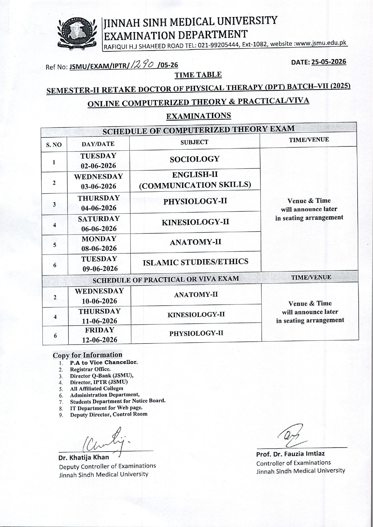 JSMU Time Table 2026 for DPT Semester II Released JSMU Time Table 2026 for DPT Semester II Released