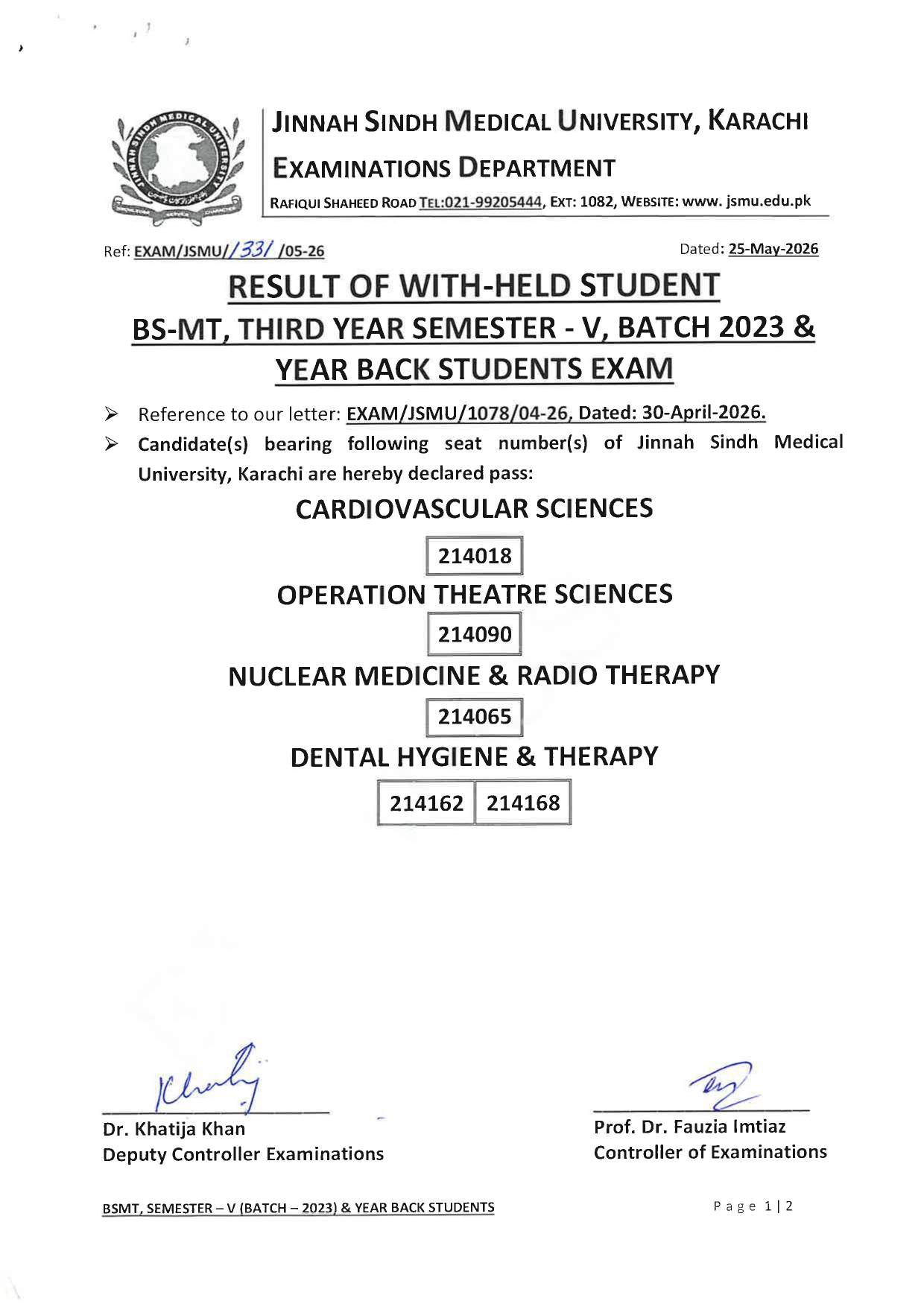 JSMU Result 2026 for BSMT Students Announced