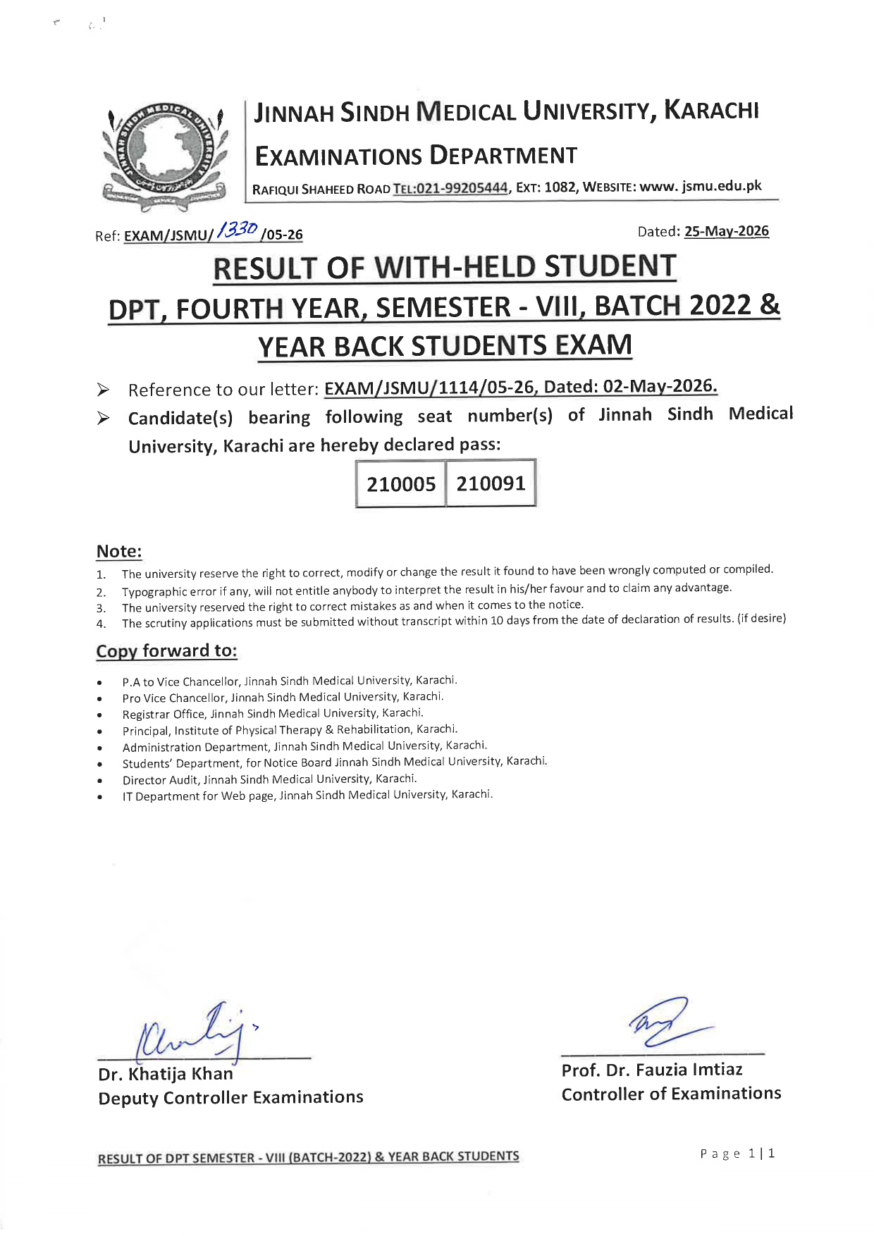 JSMU Result 2026 for DPT Students Released