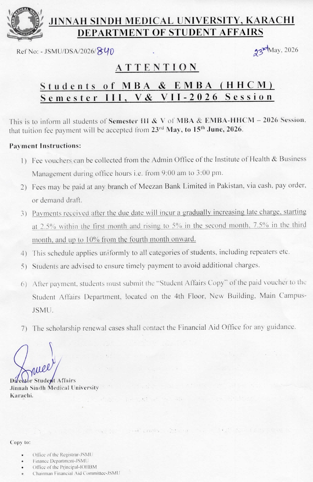 JSMU Fee Notice 2026 Announced for MBA & EMBA HHCM Students