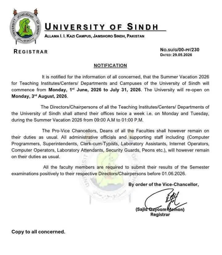 USindh Summer Vaccations Notice 2026 Announced for Students & Staff