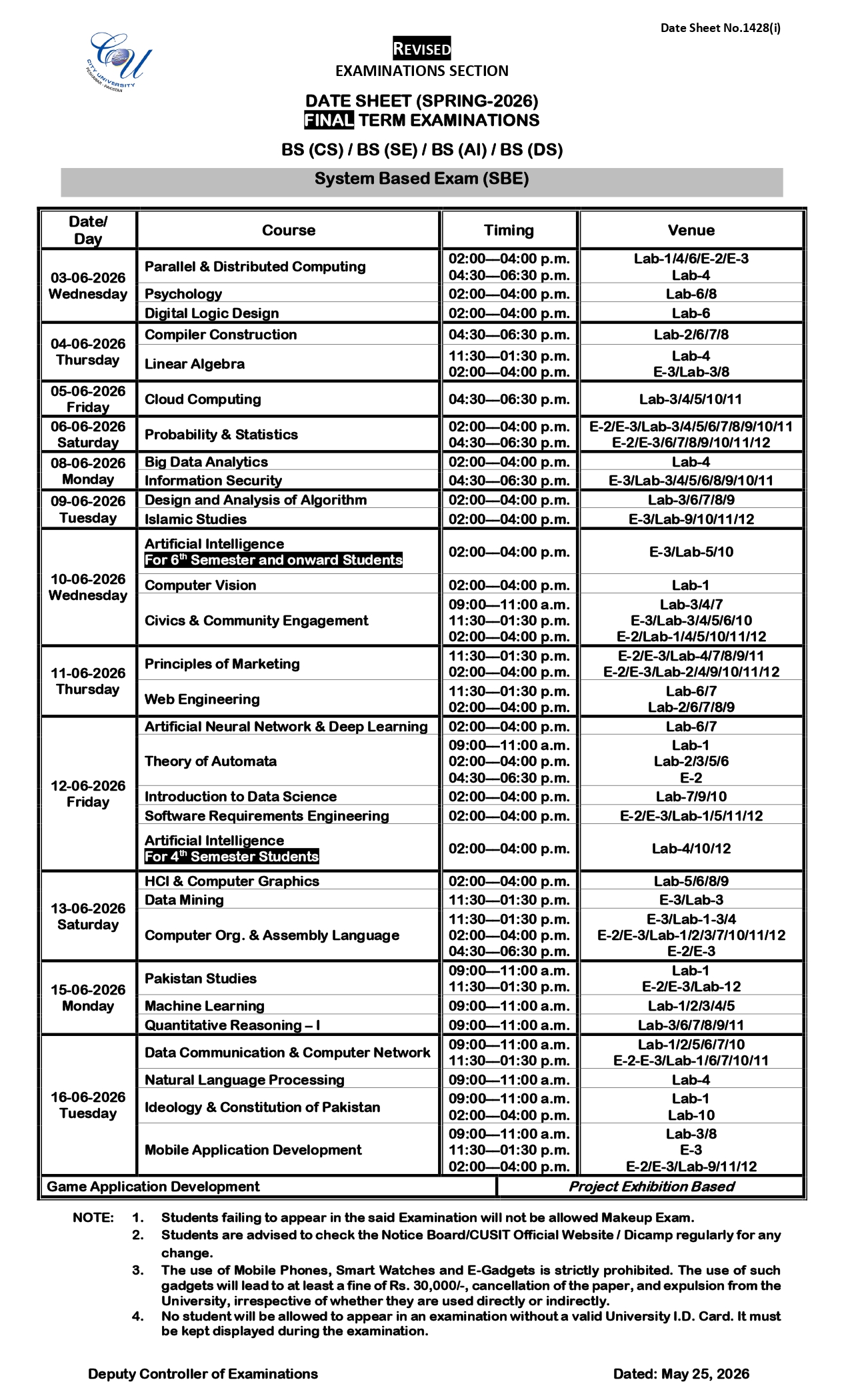 CUSIT Date Sheet 2026 Released for Bachelors Final Term Exams CUSIT Date Sheet 2026 Released for Bachelors Final Term Exams