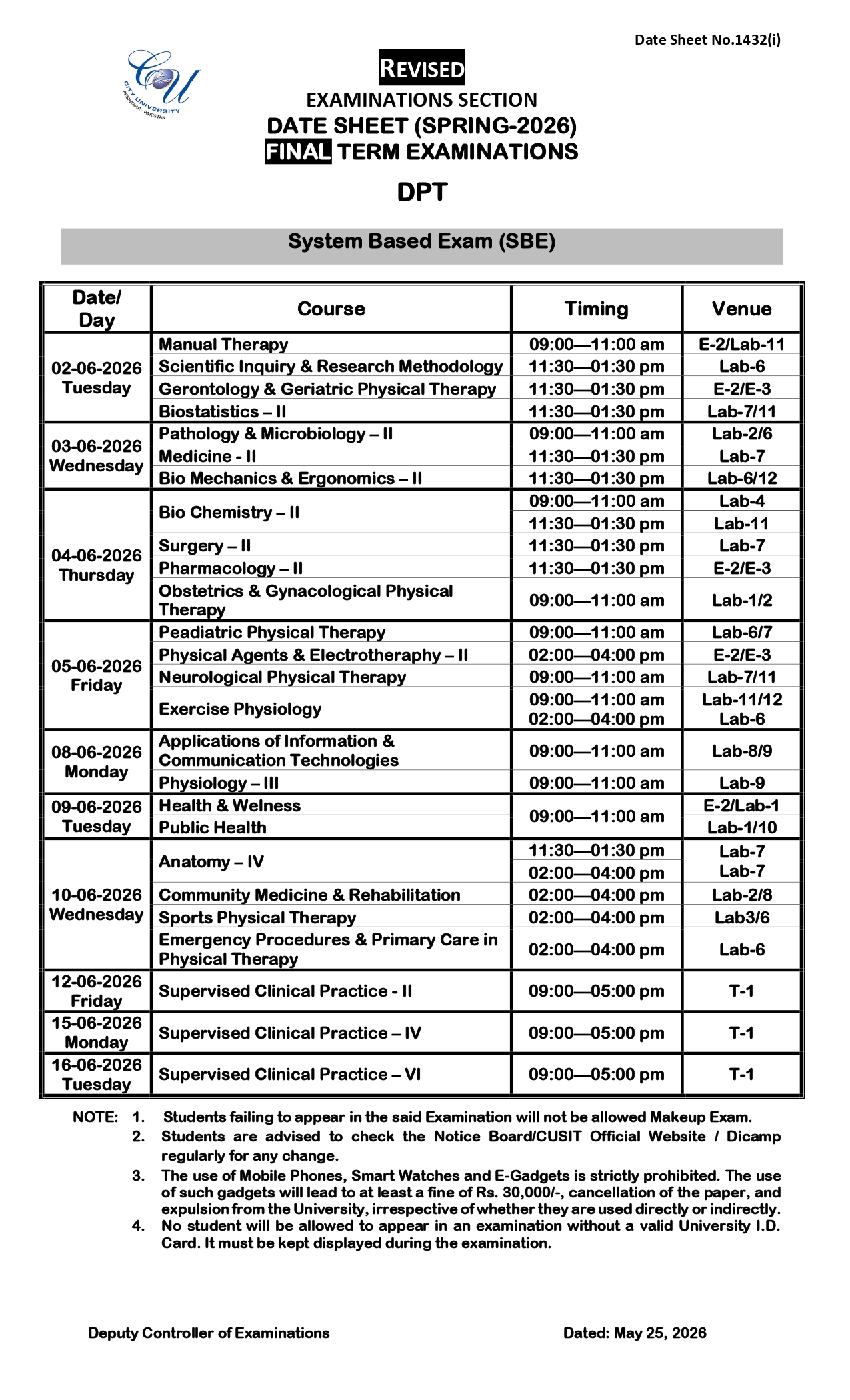 CUSIT Date Sheet 2026 Released for DPT Final Term Exams CUSIT Date Sheet 2026 Released for DPT Final Term Exams