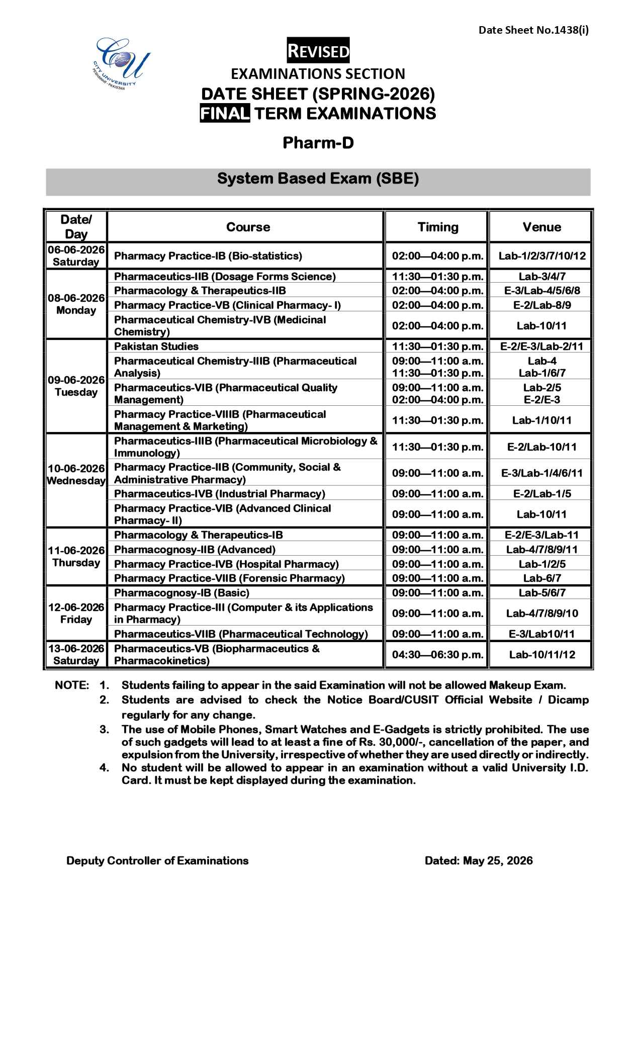 CUSIT Pharm-D Final Term Exams Date Sheet 2026 Released CUSIT Pharm-D Final Term Exams Date Sheet 2026 Released